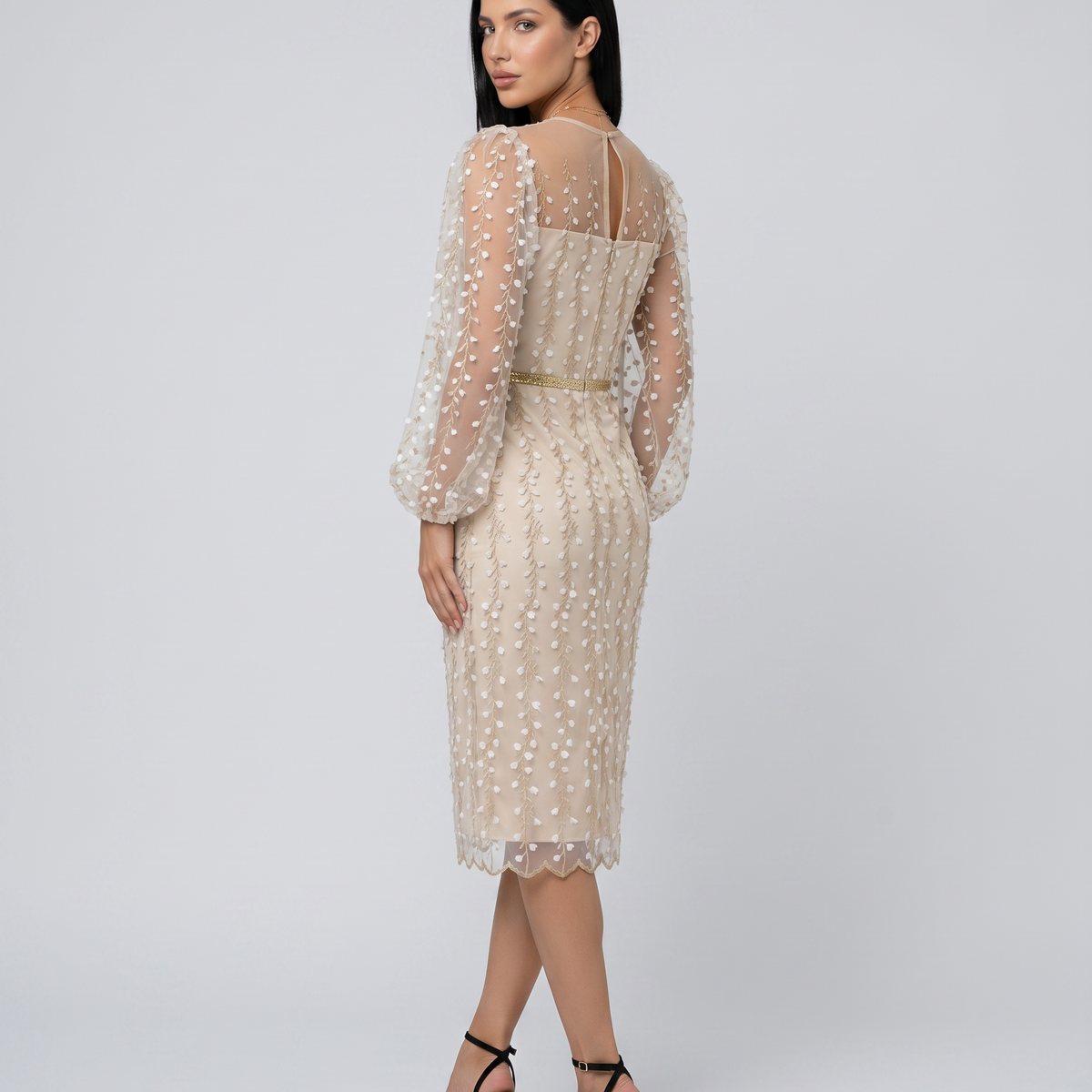Toni | Midi Dress with Sheer Embroidered Overlay