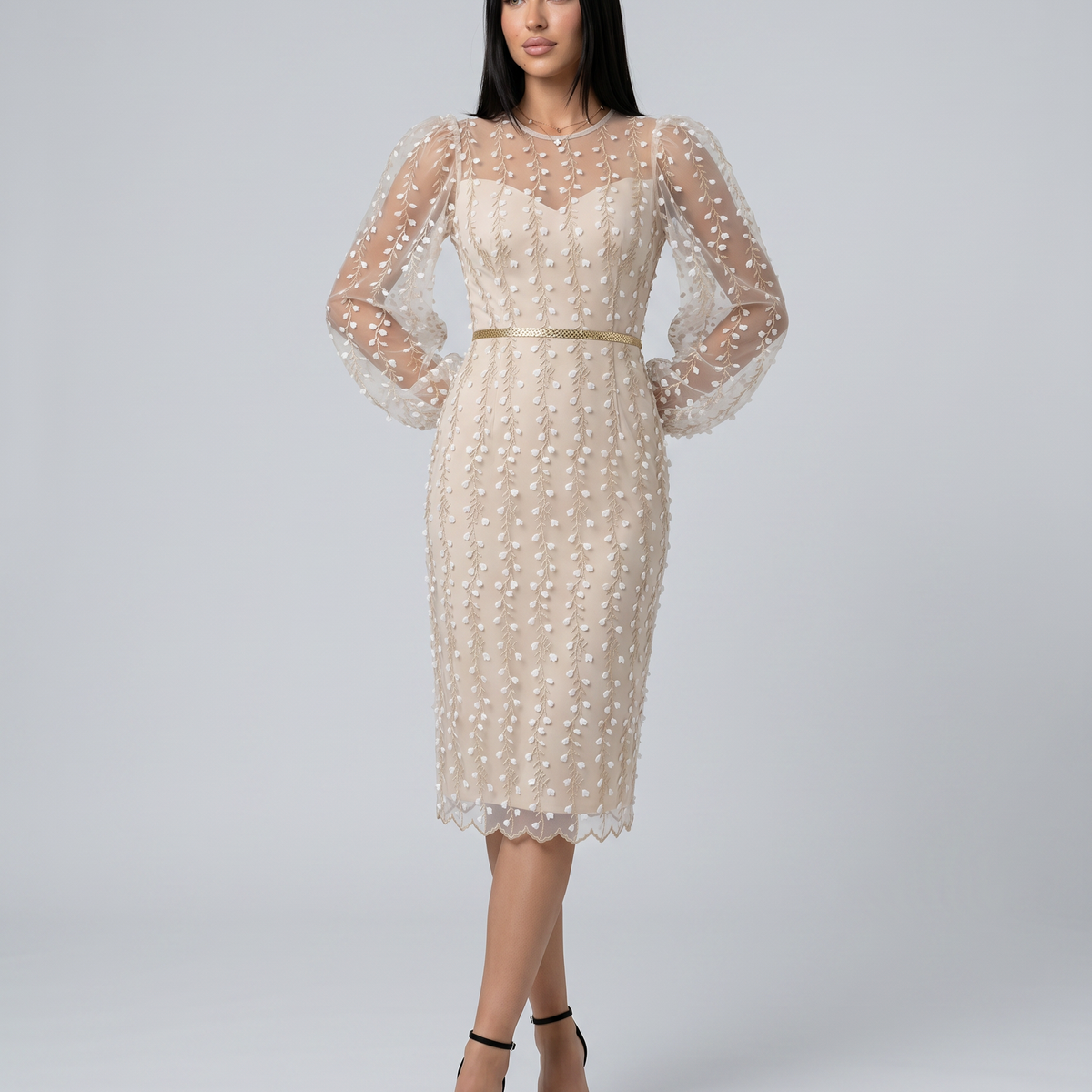 Toni | Midi Dress with Sheer Embroidered Overlay