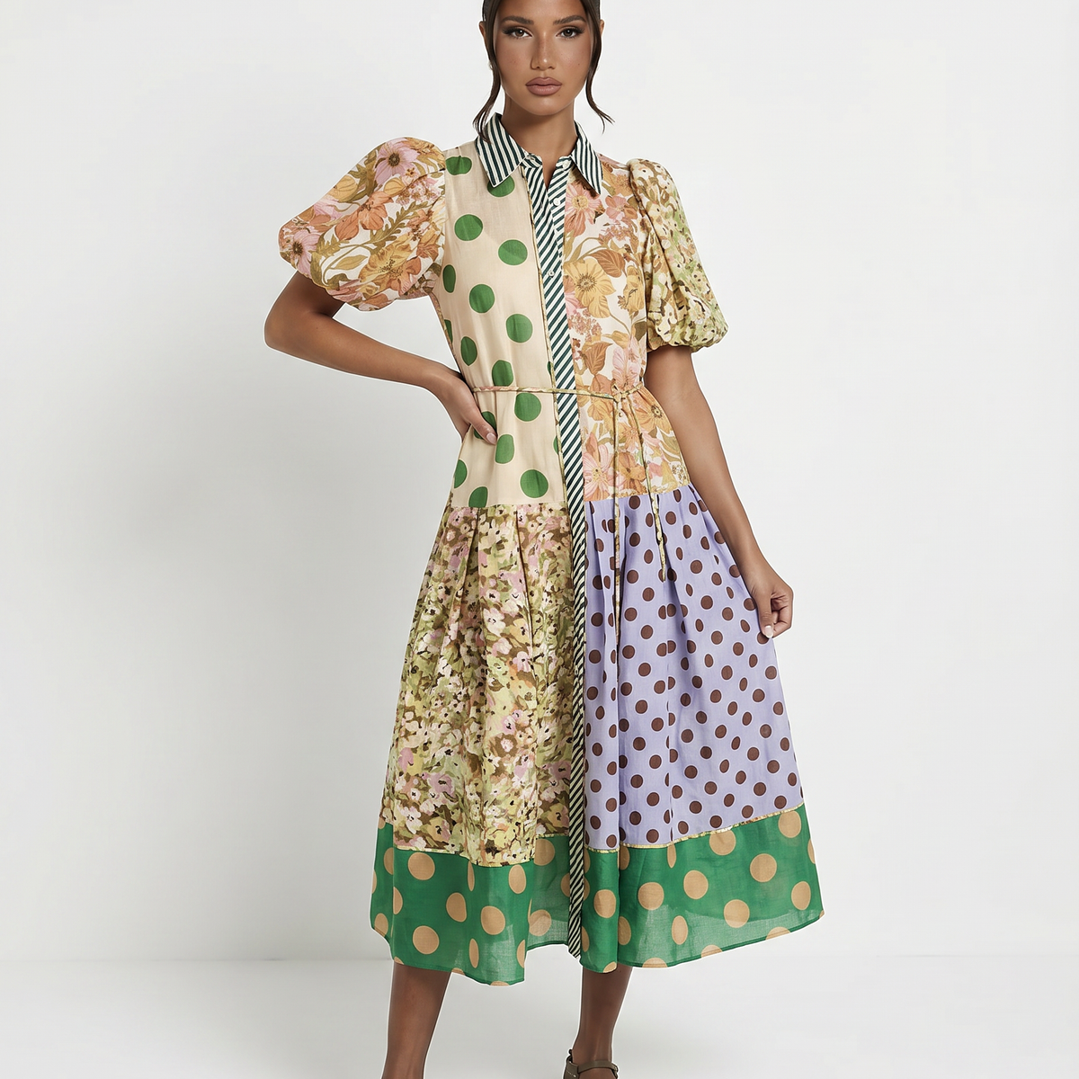 Effie | Midi Shirt Dress with Mixed Print Panels