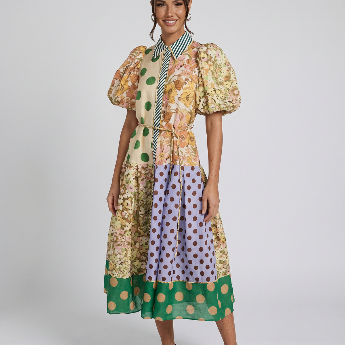 Effie | Midi Shirt Dress with Mixed Print Panels