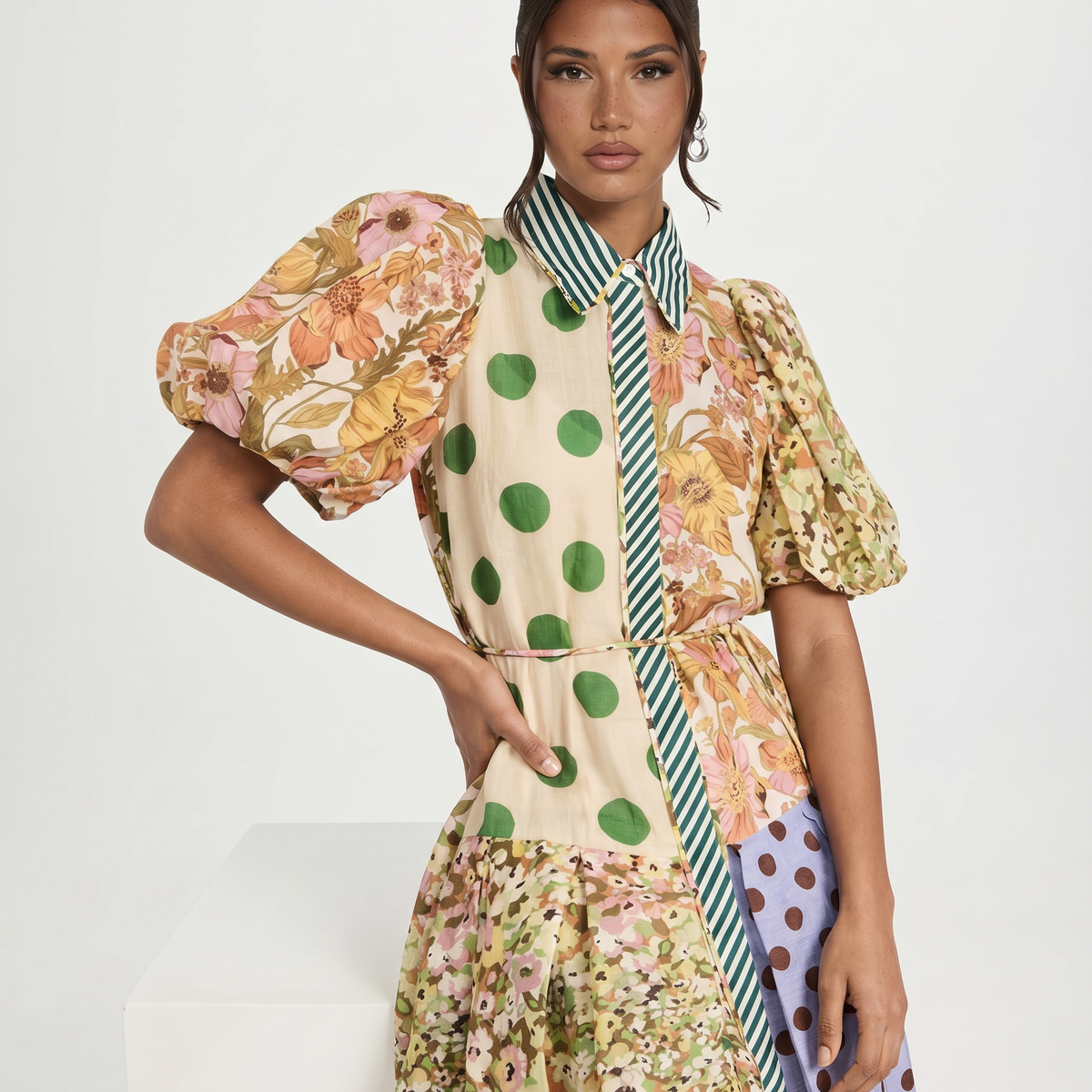 Effie | Midi Shirt Dress with Mixed Print Panels