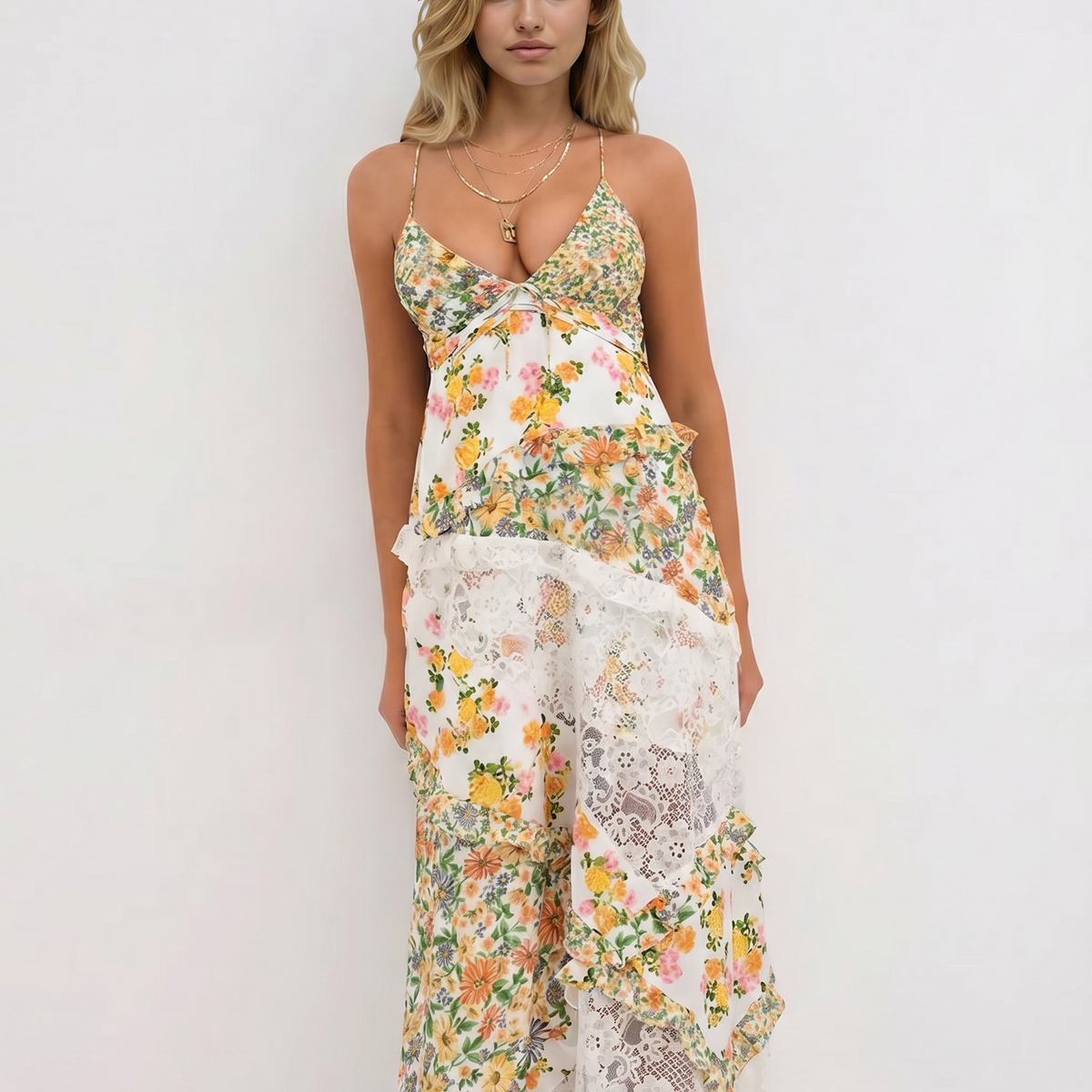 Gena | Maxi Dress with Floral Print and Lace Panels