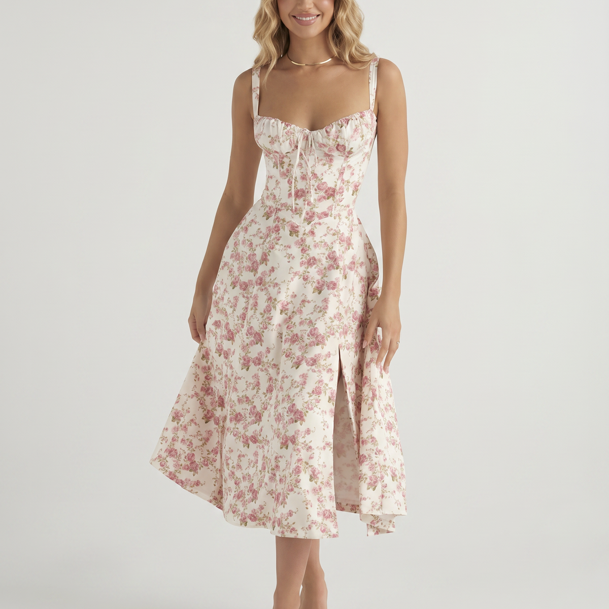 Gloria | Midi Dress with Floral Print and Structured Bodice