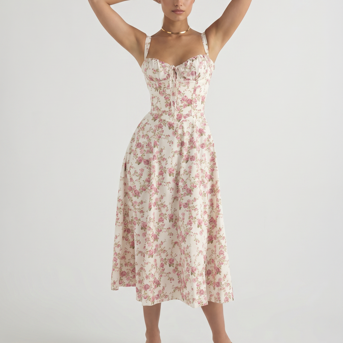 Gloria | Midi Dress with Floral Print and Structured Bodice