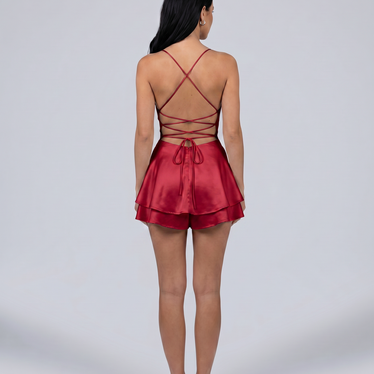 Lidia | Satin Playsuit with Open Back and Layered Shorts