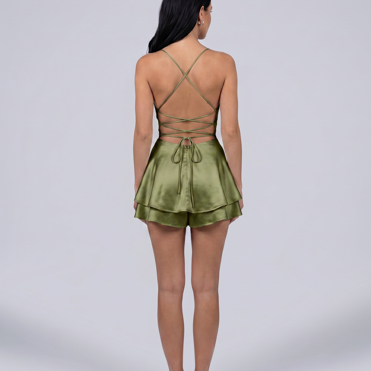 Lidia | Satin Playsuit with Open Back and Layered Shorts