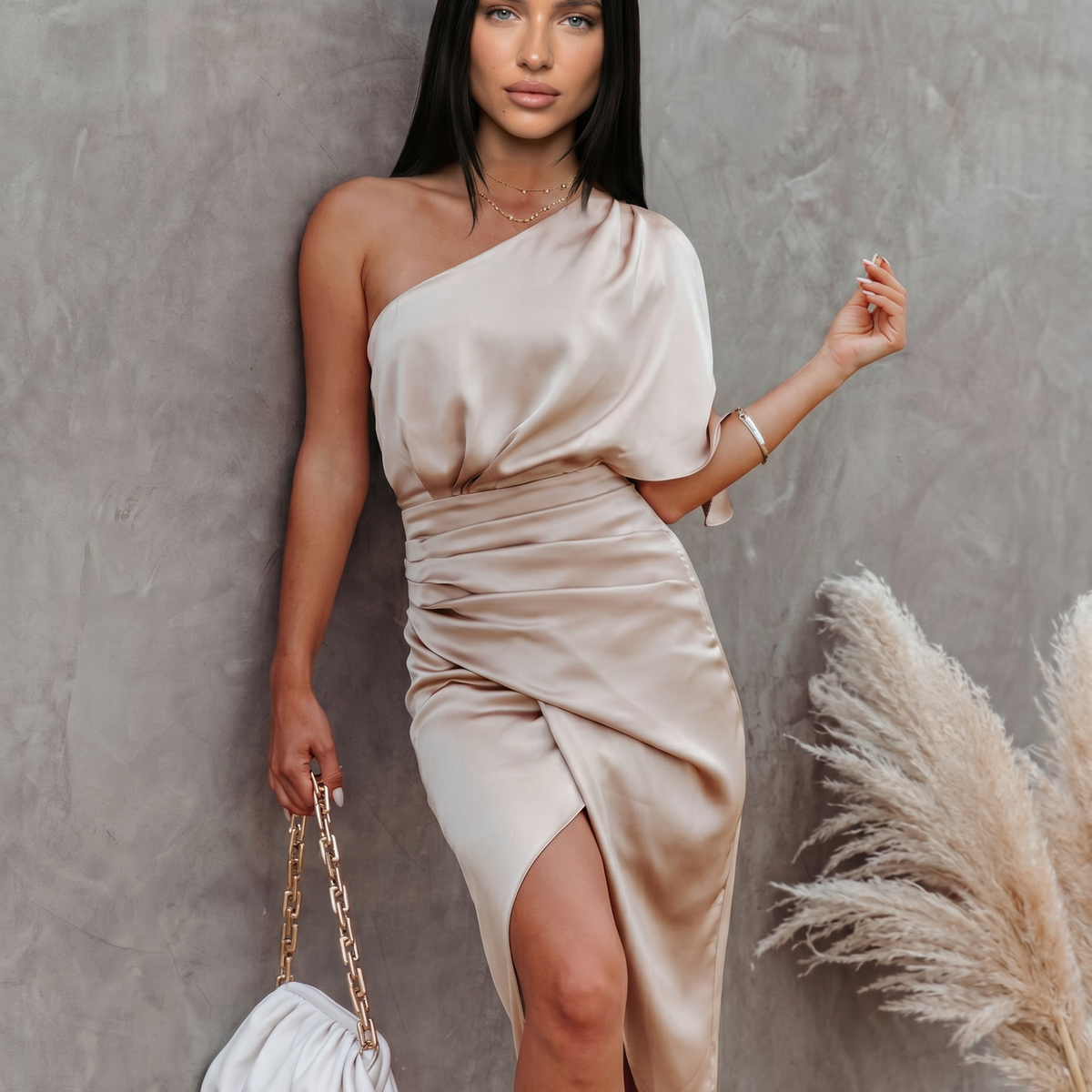 Ember | Satin Midi Dress with One-Shoulder Drape