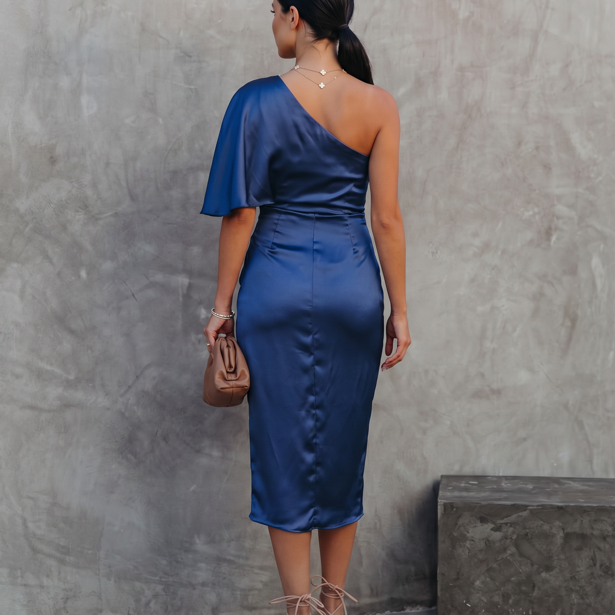 Ember | Satin Midi Dress with One-Shoulder Drape