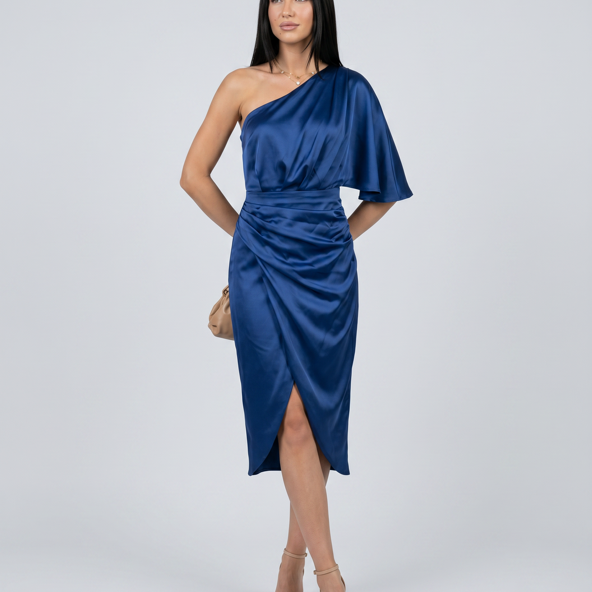 Ember | Satin Midi Dress with One-Shoulder Drape