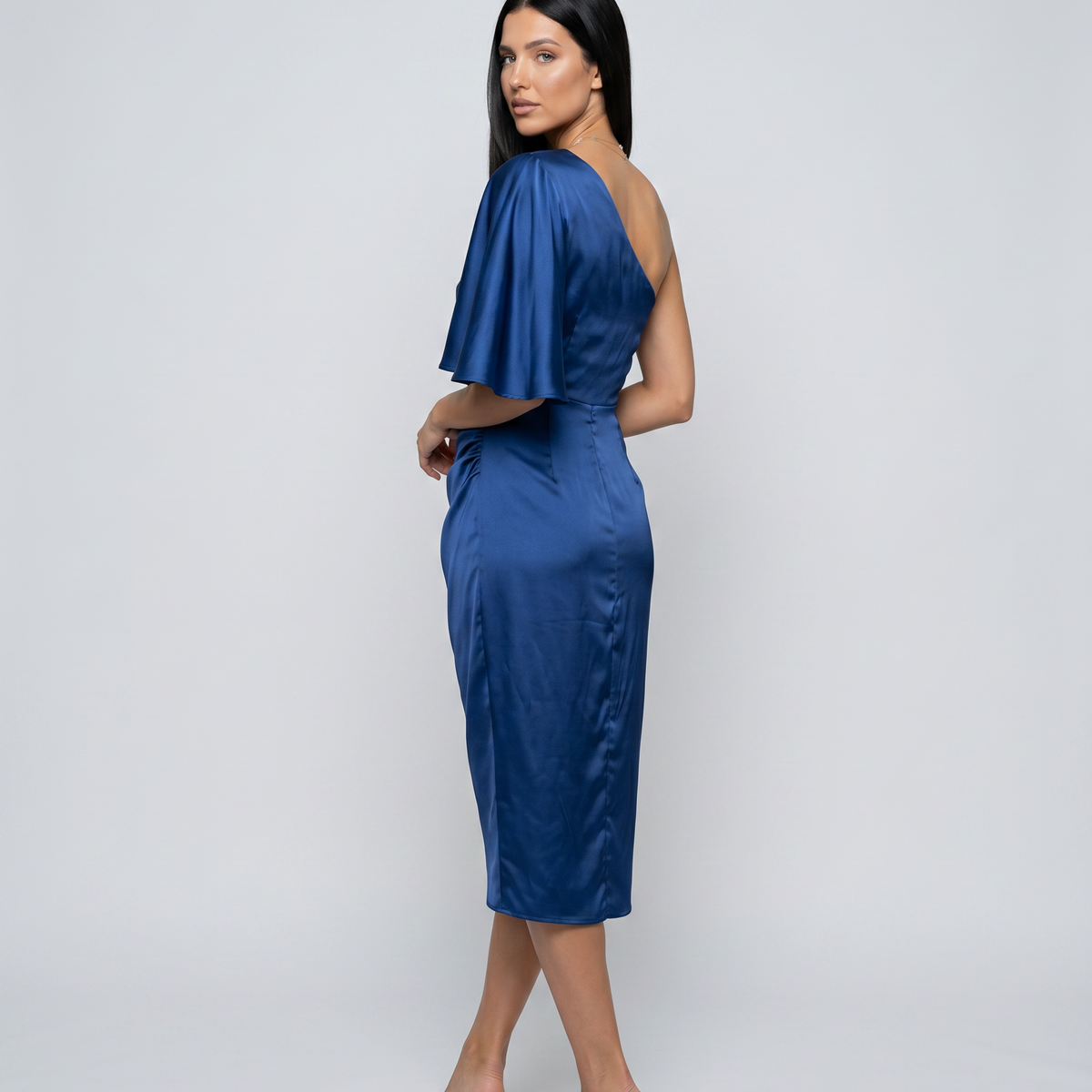 Ember | Satin Midi Dress with One-Shoulder Drape