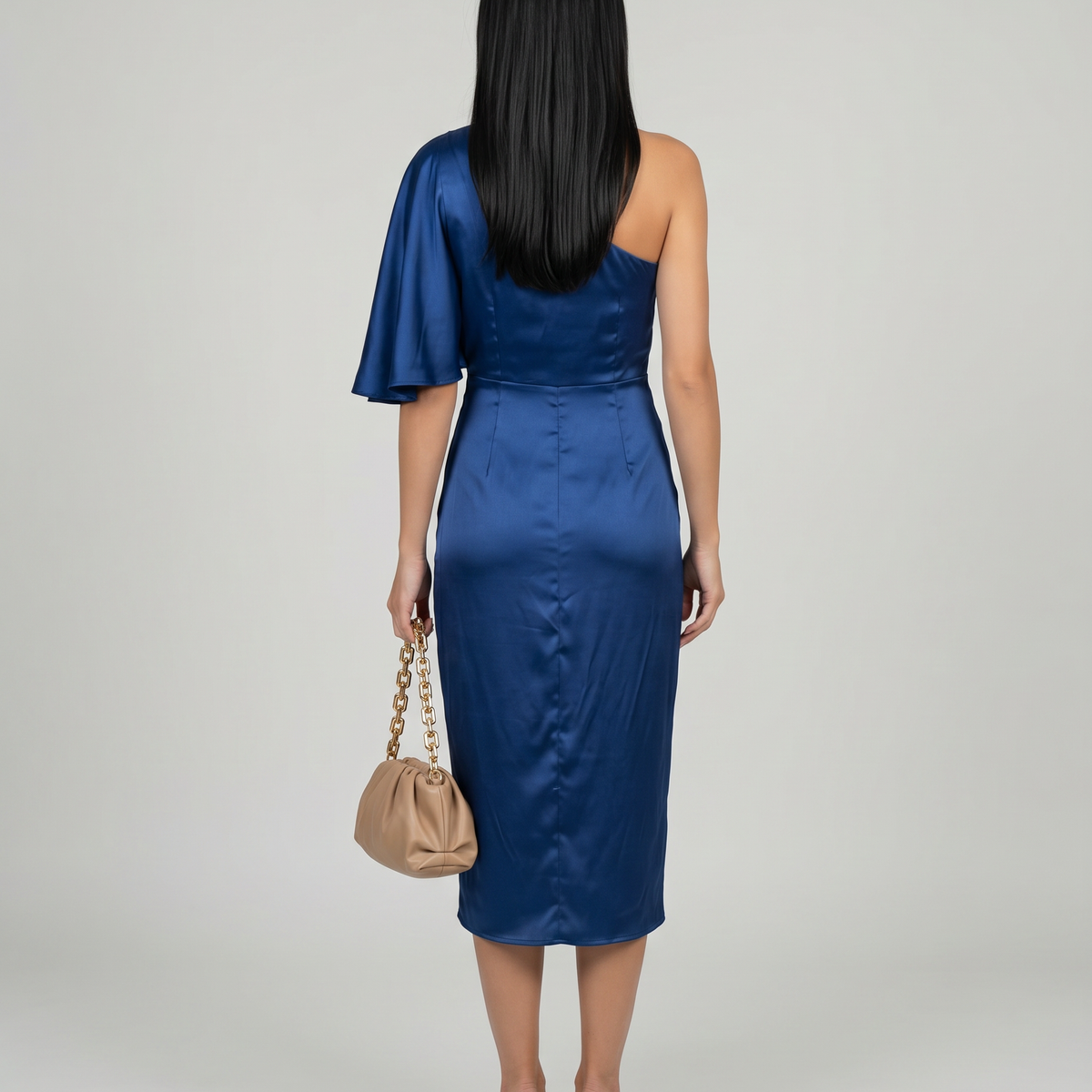 Ember | Satin Midi Dress with One-Shoulder Drape