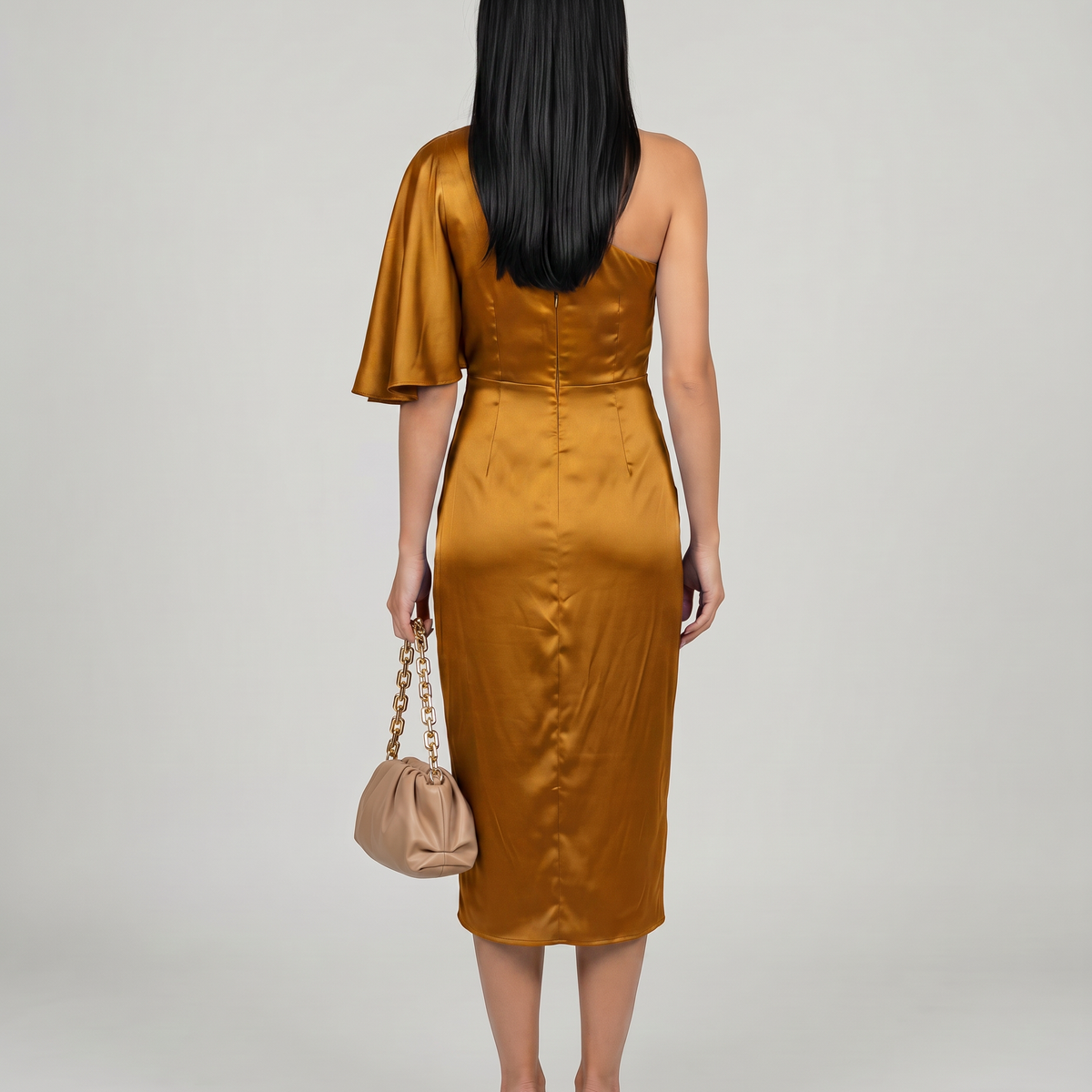 Ember | Satin Midi Dress with One-Shoulder Drape
