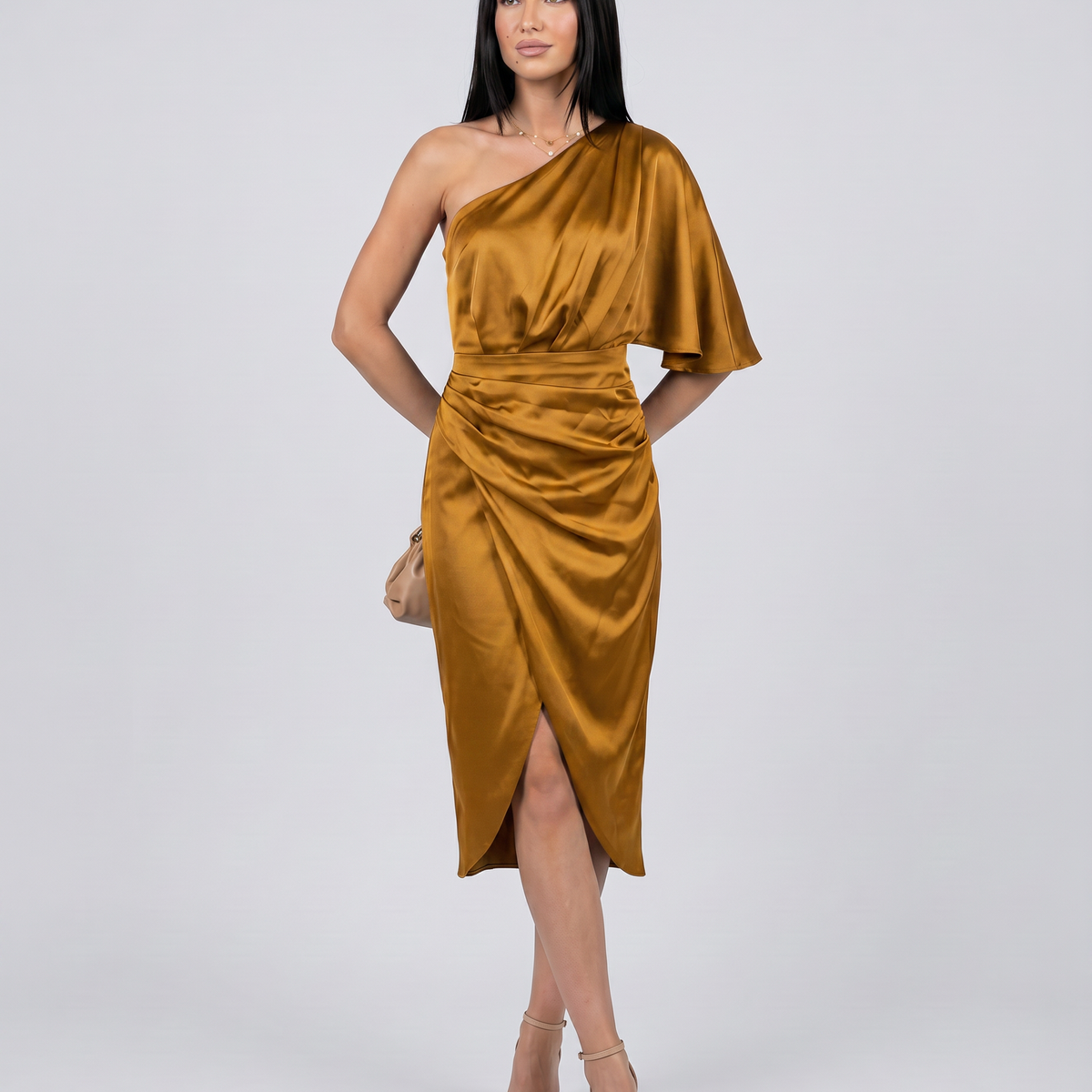 Ember | Satin Midi Dress with One-Shoulder Drape