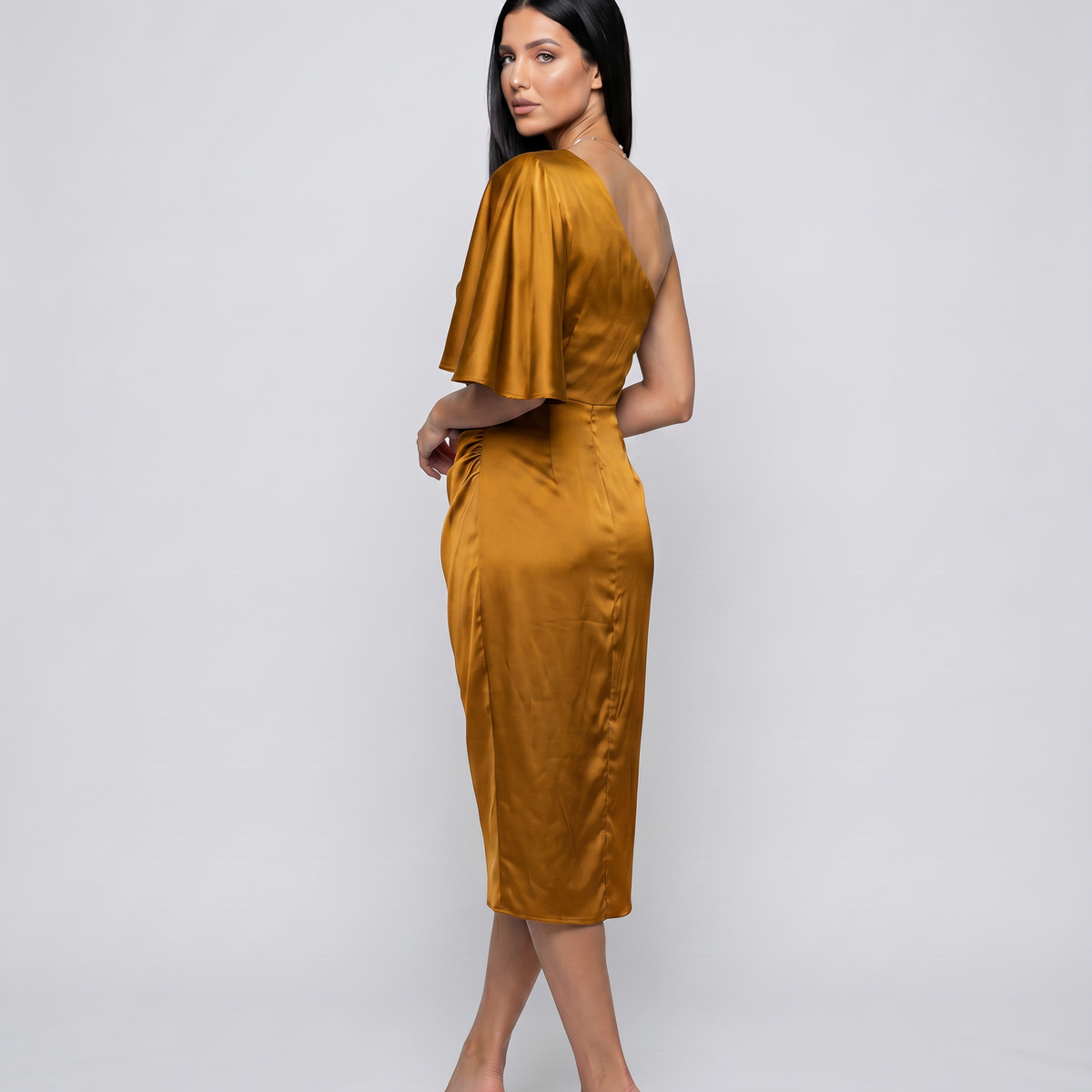 Ember | Satin Midi Dress with One-Shoulder Drape