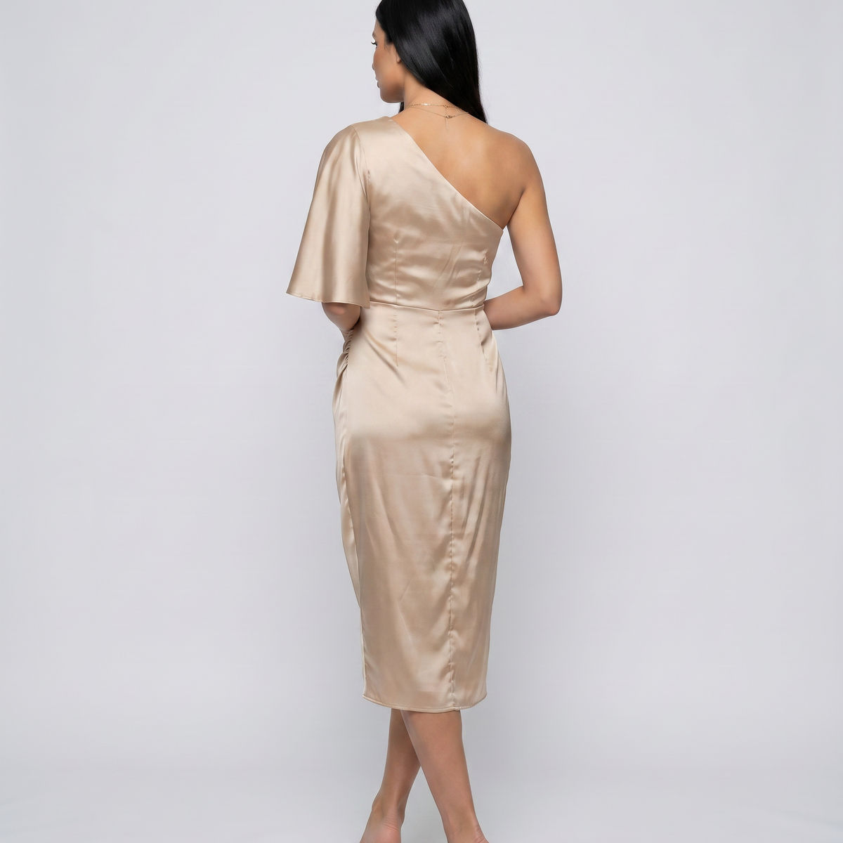 Ember | Satin Midi Dress with One-Shoulder Drape