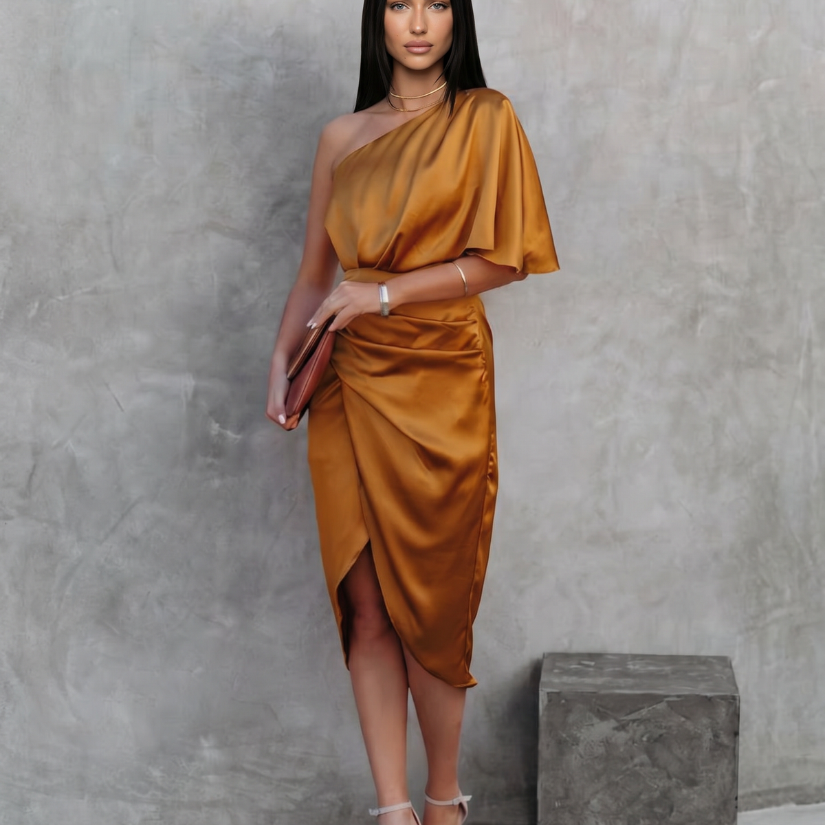 Ember | Satin Midi Dress with One-Shoulder Drape