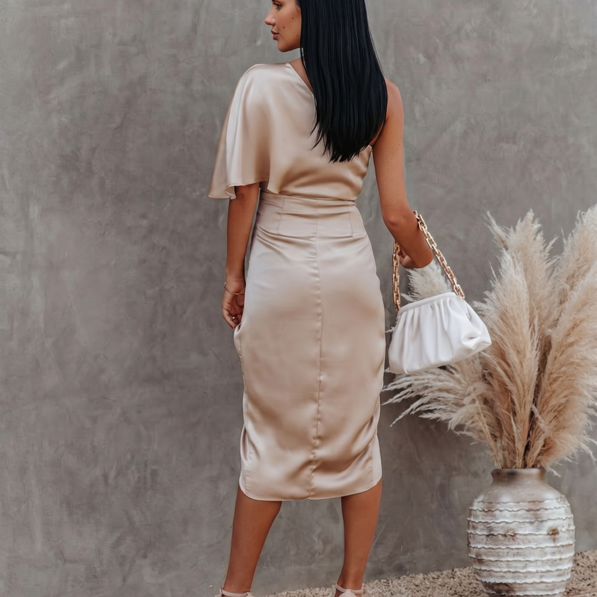 Ember | Satin Midi Dress with One-Shoulder Drape