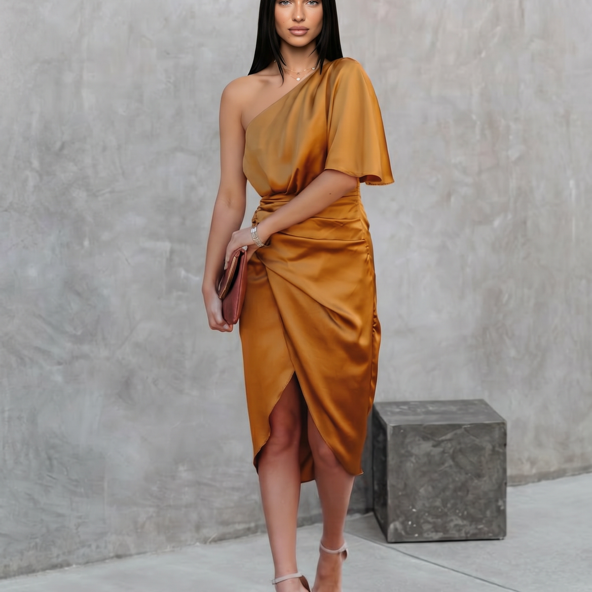 Ember | Satin Midi Dress with One-Shoulder Drape