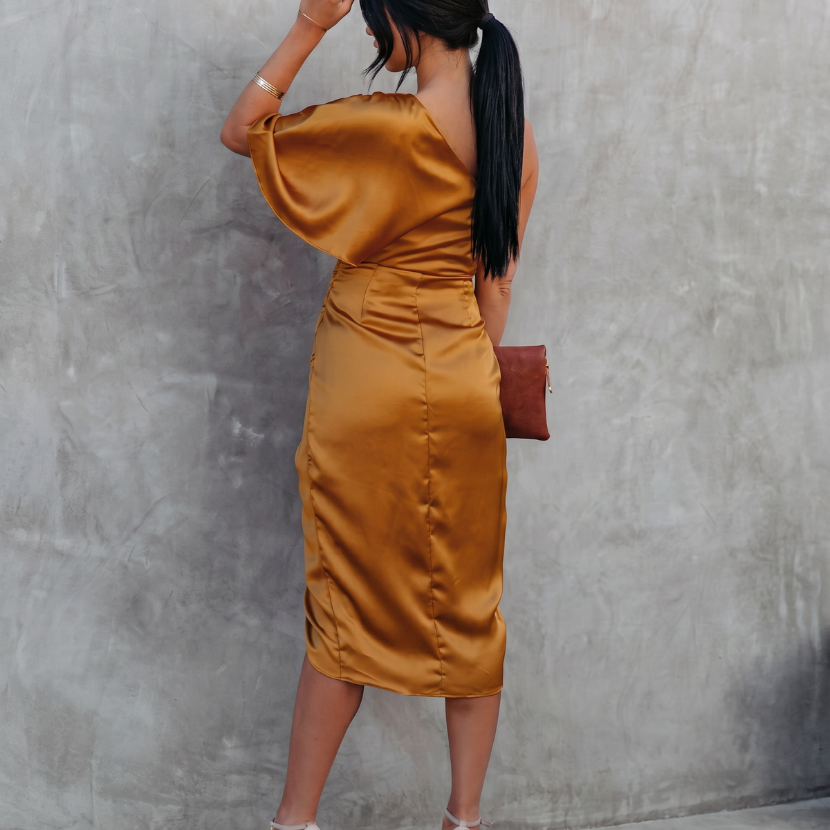 Ember | Satin Midi Dress with One-Shoulder Drape