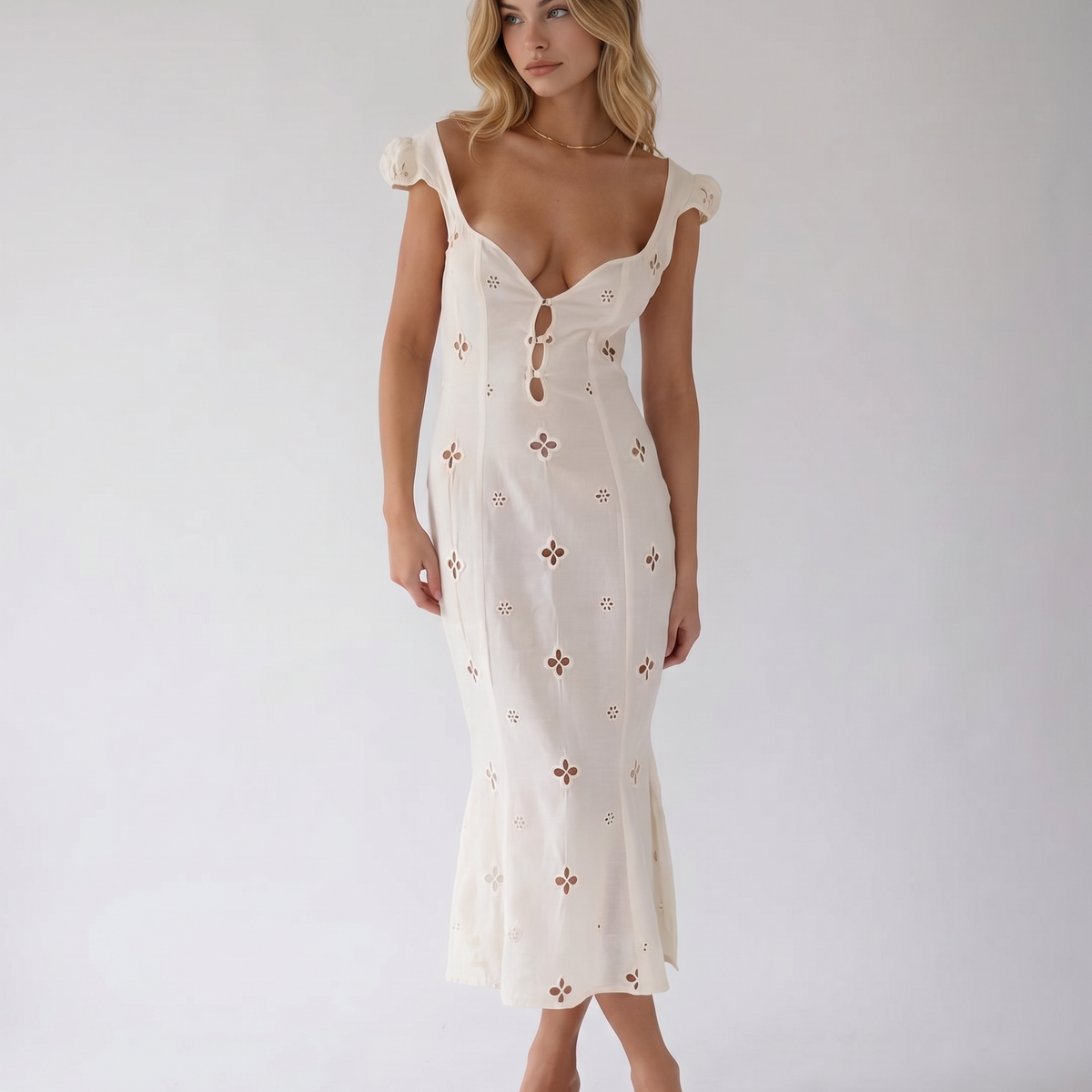 Izabelle | Midi Dress with Sweetheart Neckline and Cap Sleeves