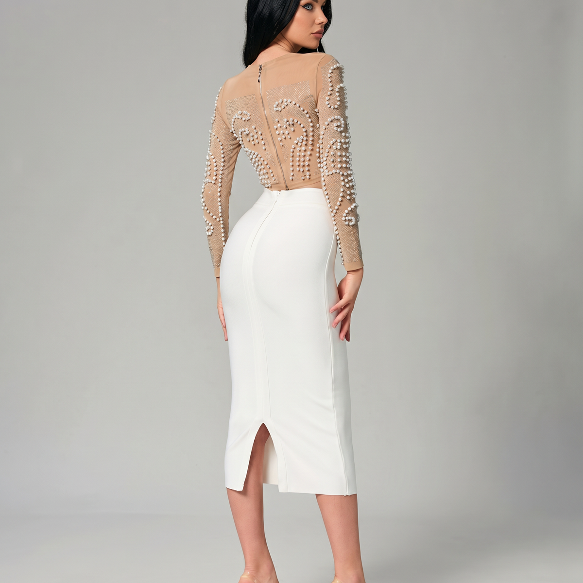 Motina | Two-Piece Set with Pearl Mesh Crop Top