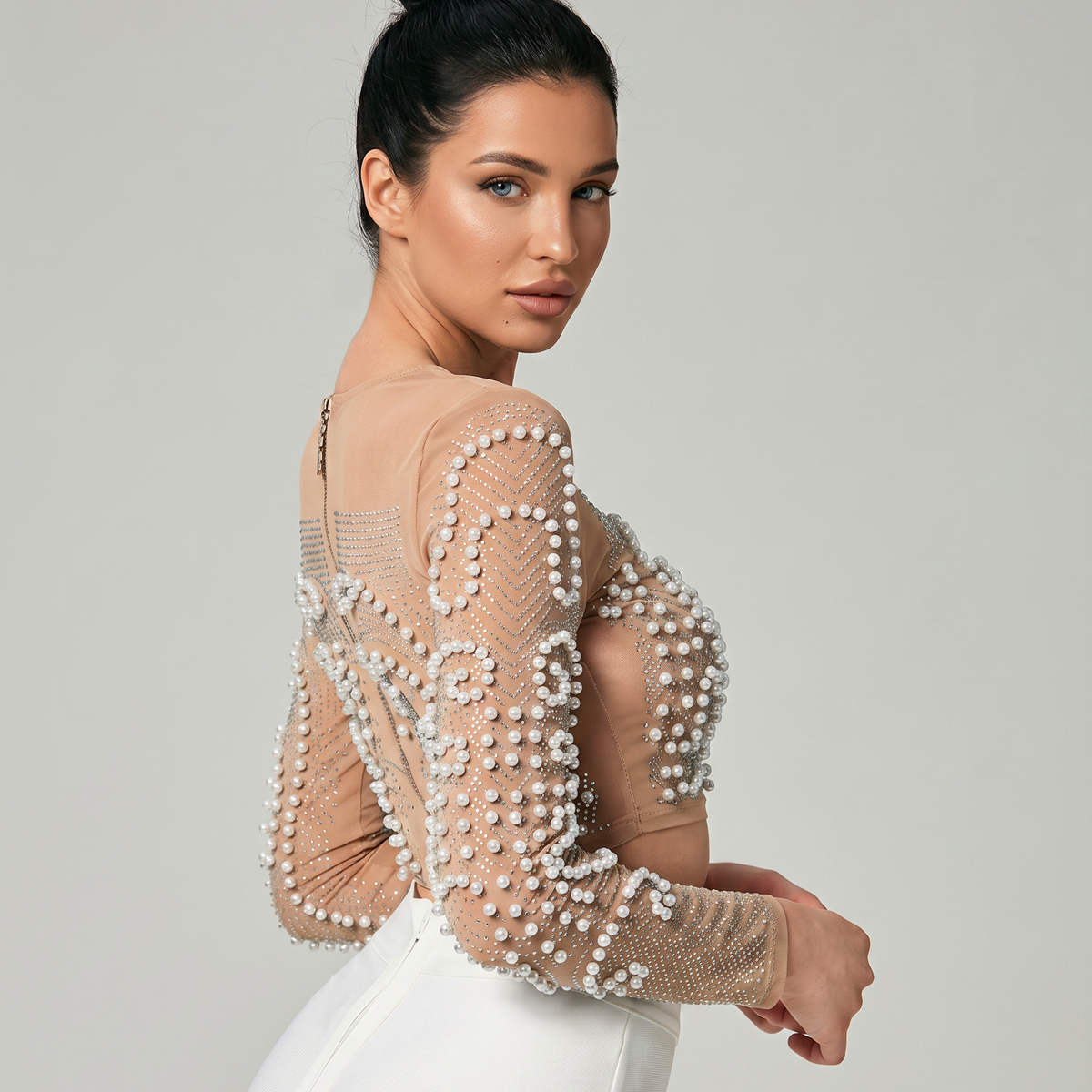 Motina | Two-Piece Set with Pearl Mesh Crop Top