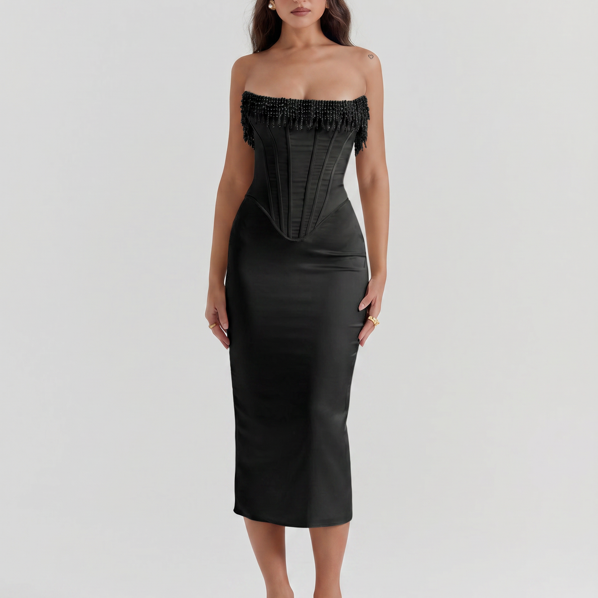 Nalita | Strapless Midi Dress with Pearl Beading