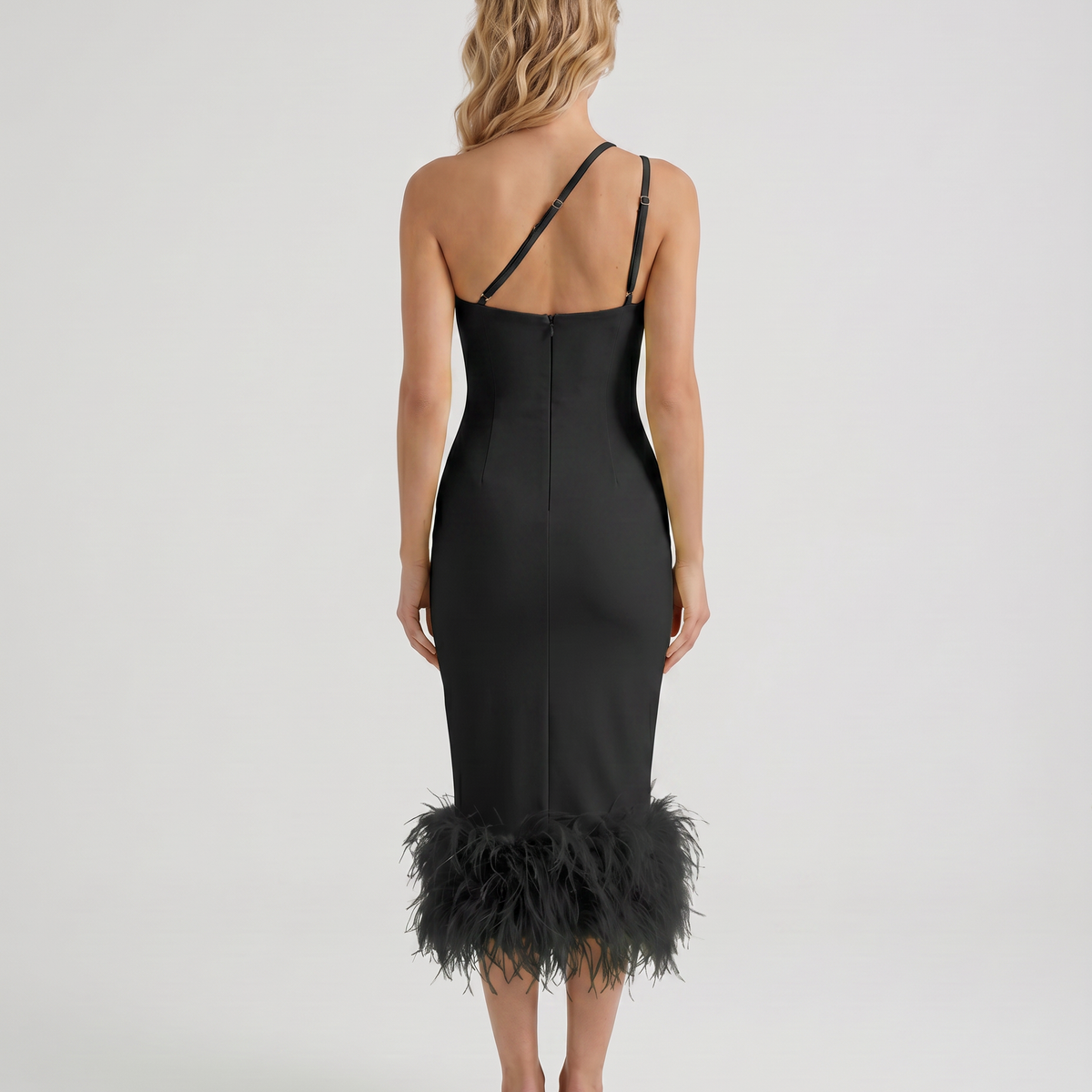 Alyssa | Midi Dress with Feather Hem and One Shoulder Strap