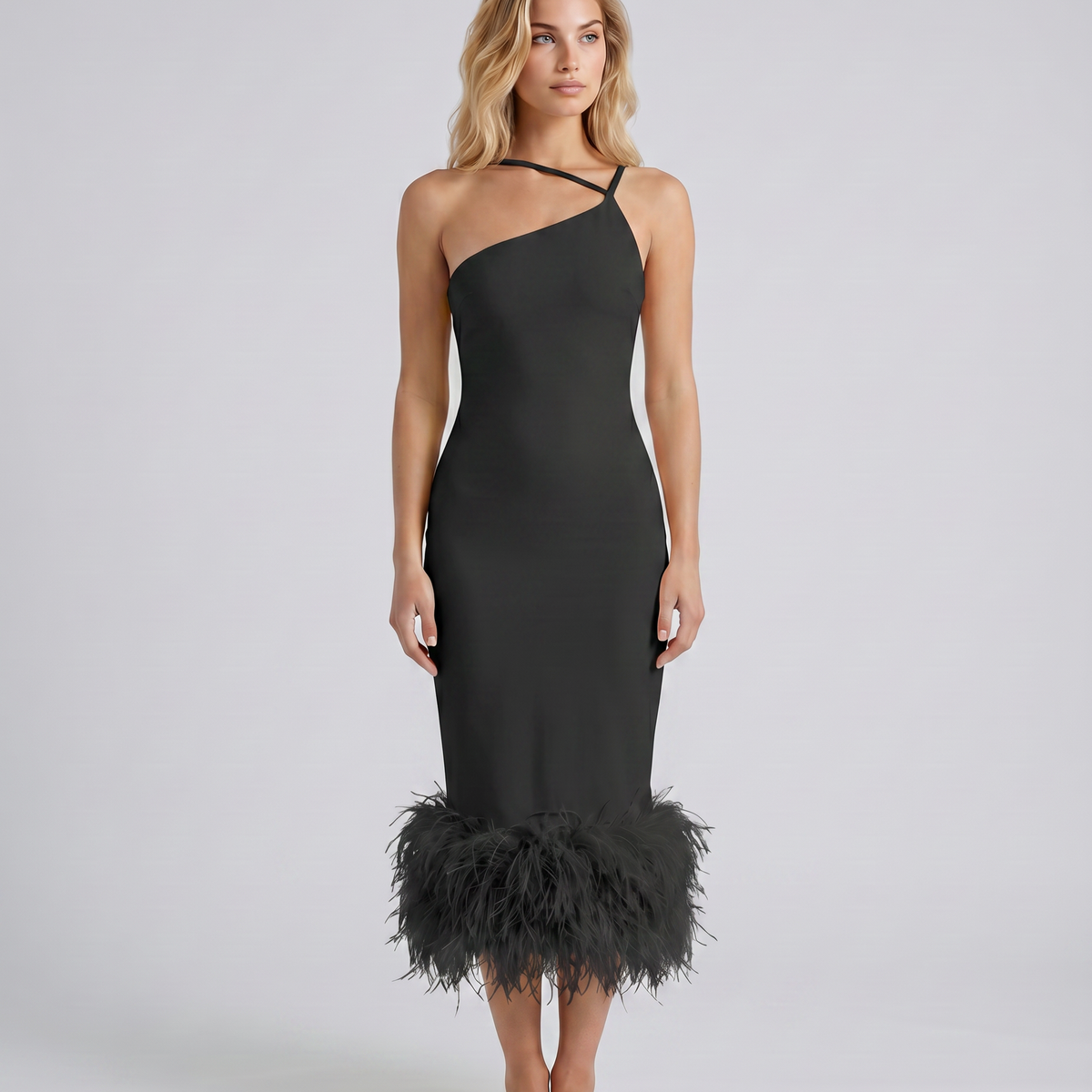 Alyssa | Midi Dress with Feather Hem and One Shoulder Strap
