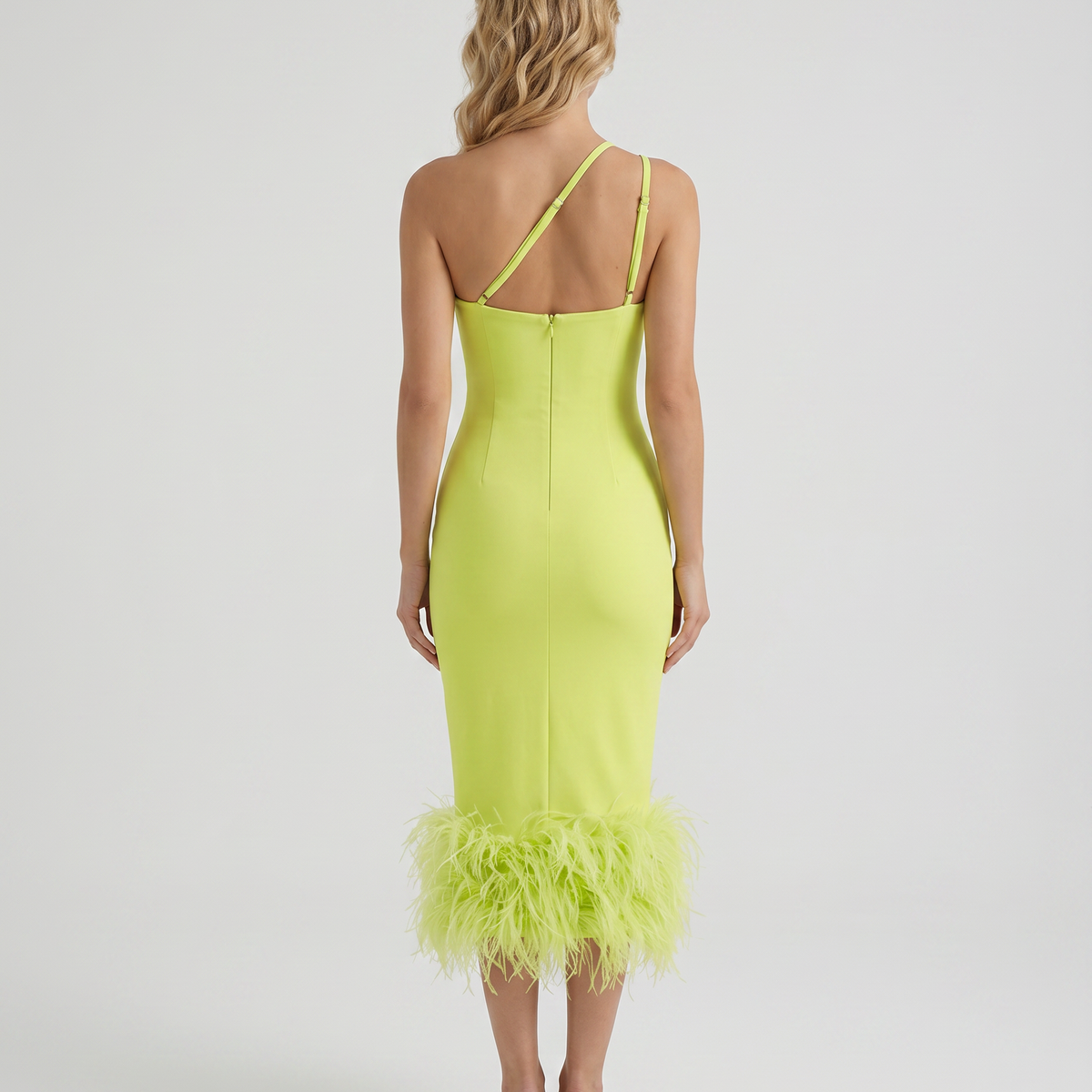 Alyssa | Midi Dress with Feather Hem and One Shoulder Strap