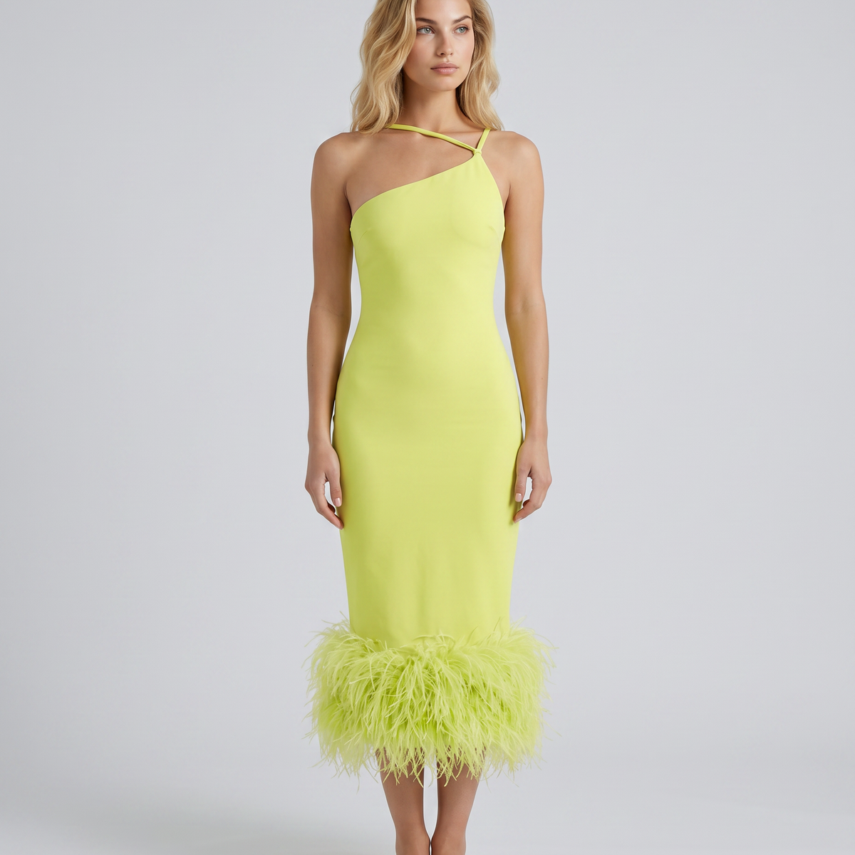 Alyssa | Midi Dress with Feather Hem and One Shoulder Strap