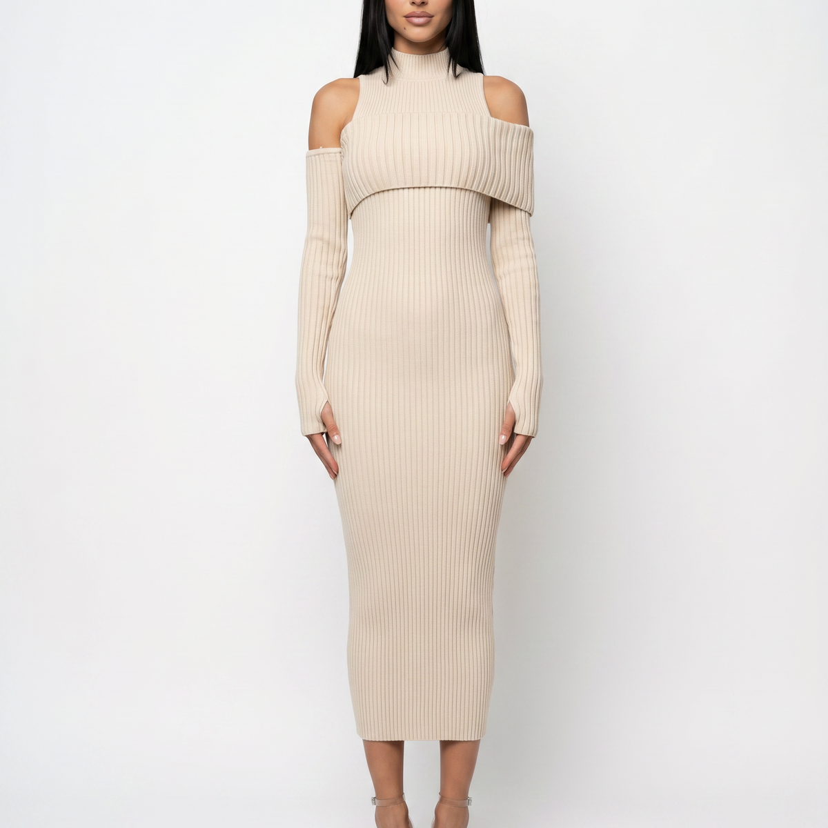 Marisa | Midi Dress with Ribbed Knit and Cold Shoulder Detail