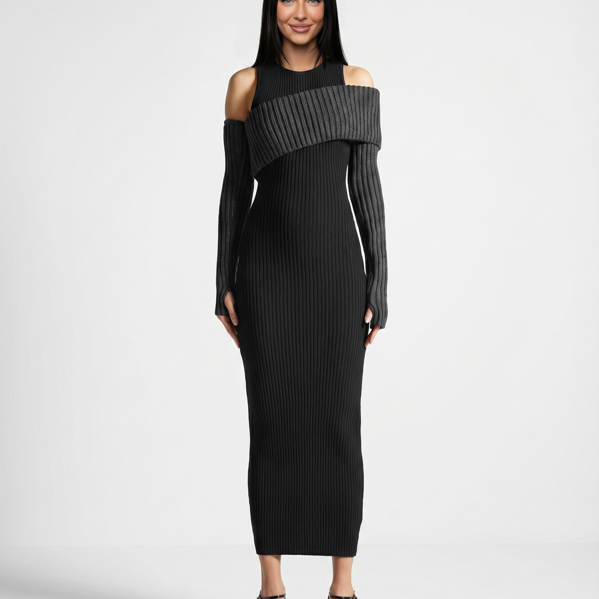 Marisa | Midi Dress with Ribbed Knit and Cold Shoulder Detail