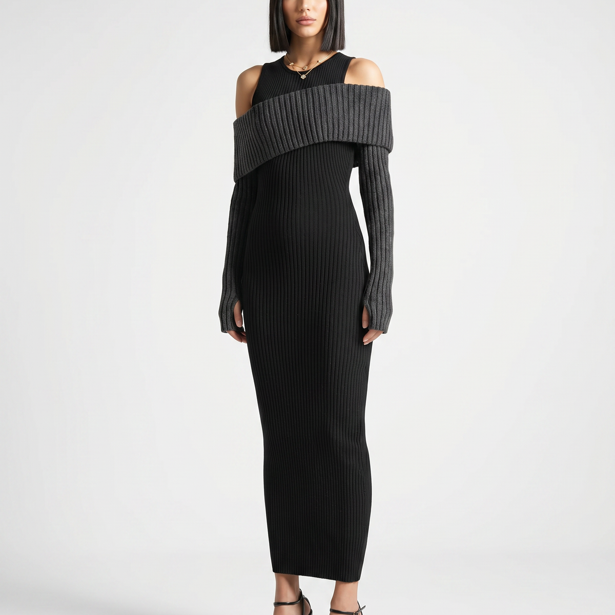 Marisa | Midi Dress with Ribbed Knit and Cold Shoulder Detail