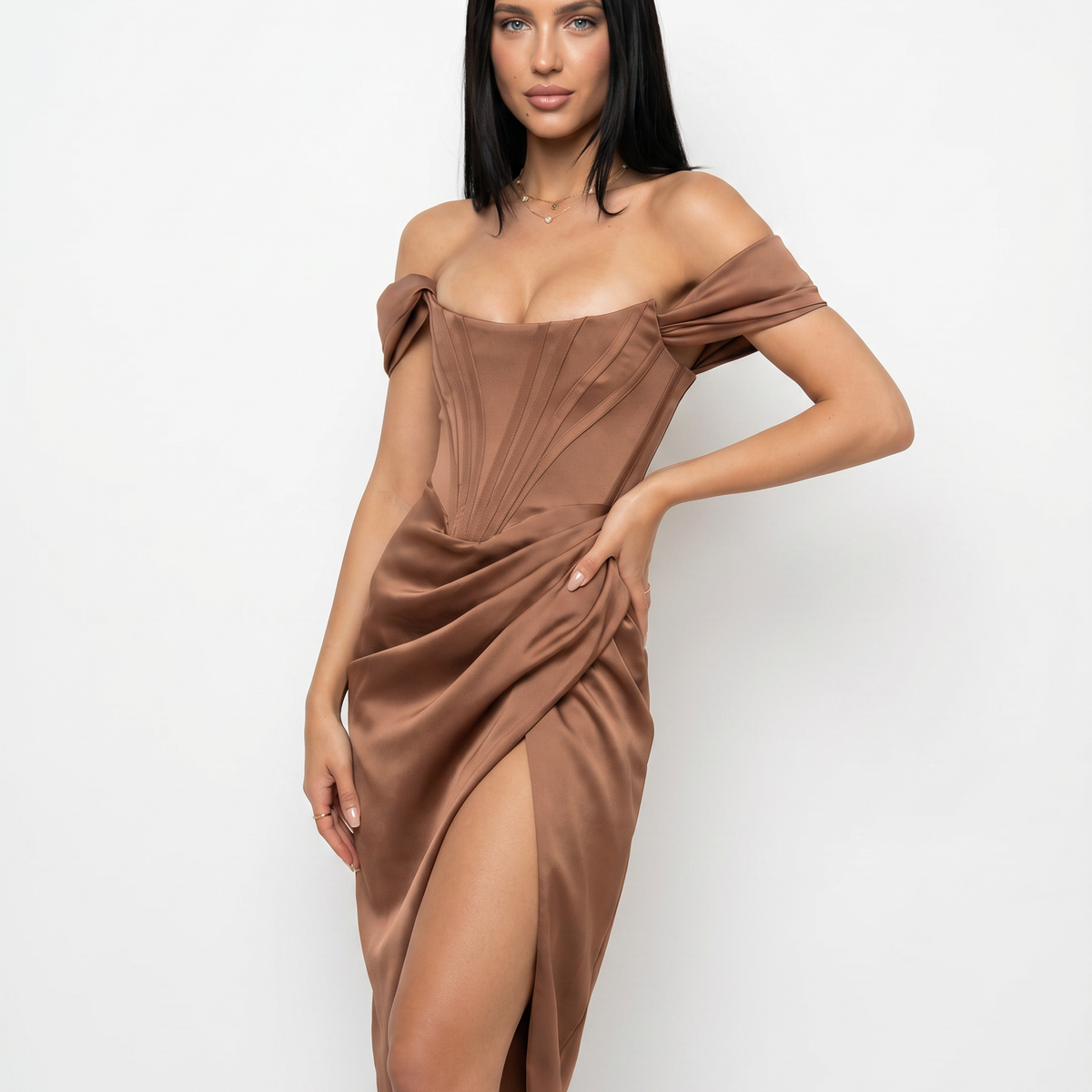 Doris | Midi Dress with Corset Bodice and Side Slit