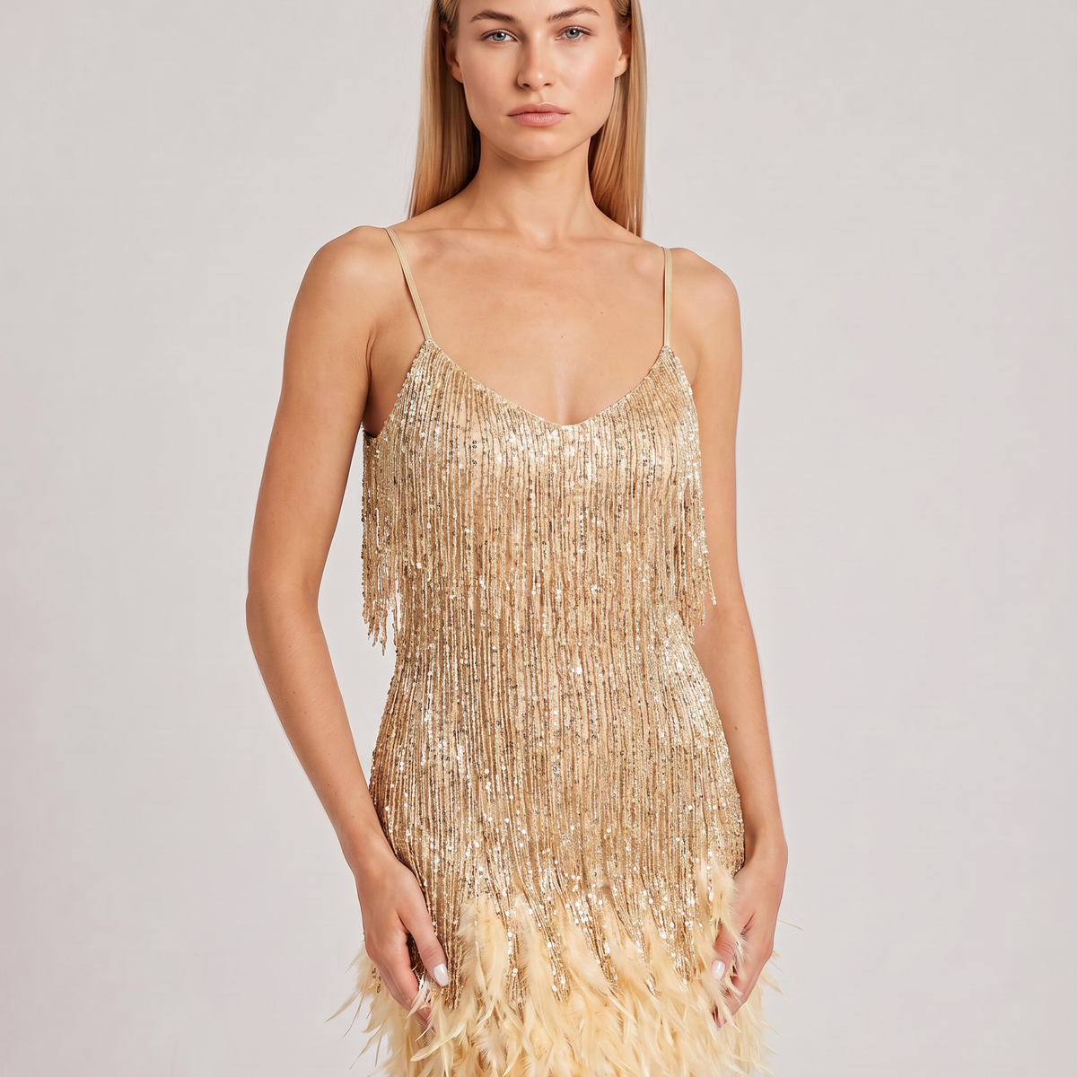 Marla | Mini Dress with Sequin Fringe and Feather Hem