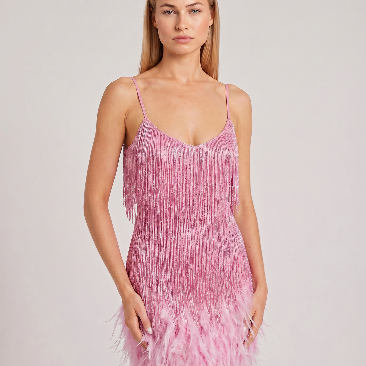 Marla | Mini Dress with Sequin Fringe and Feather Hem