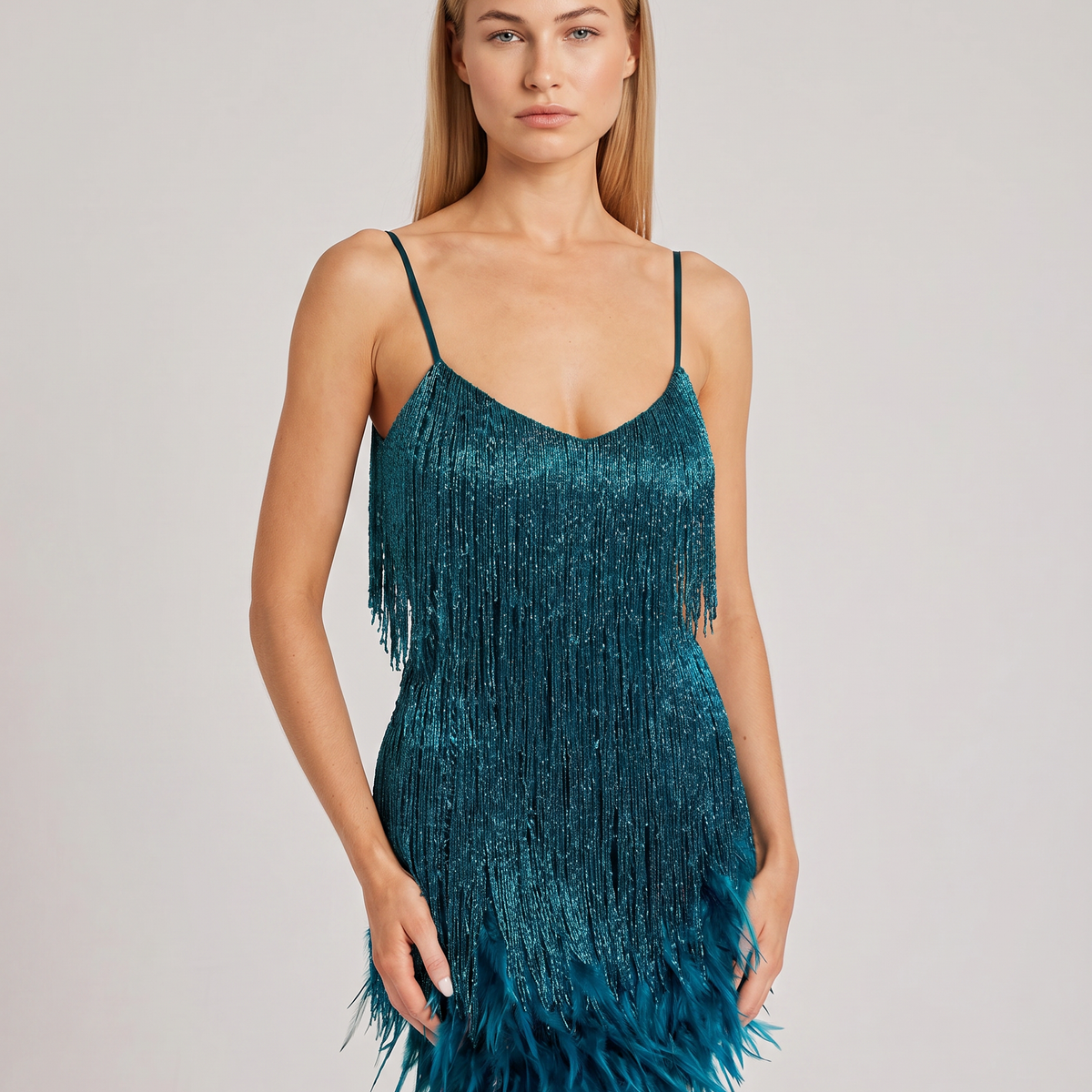 Marla | Mini Dress with Sequin Fringe and Feather Hem