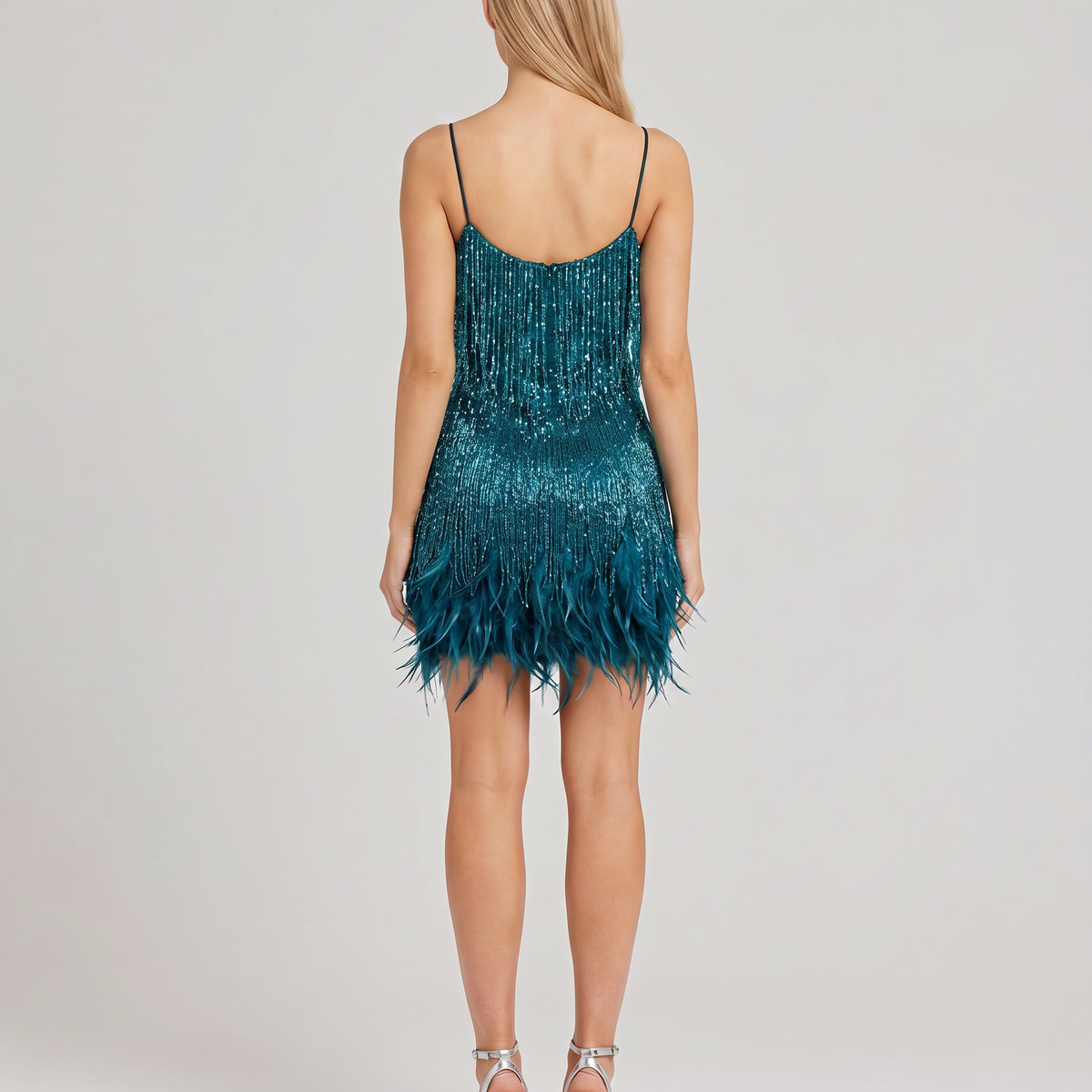 Marla | Mini Dress with Sequin Fringe and Feather Hem