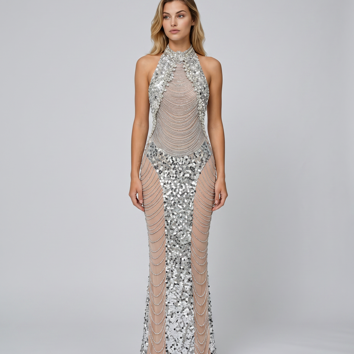 Marina | Maxi Dress with Sequin Embellishment and Halter Neck