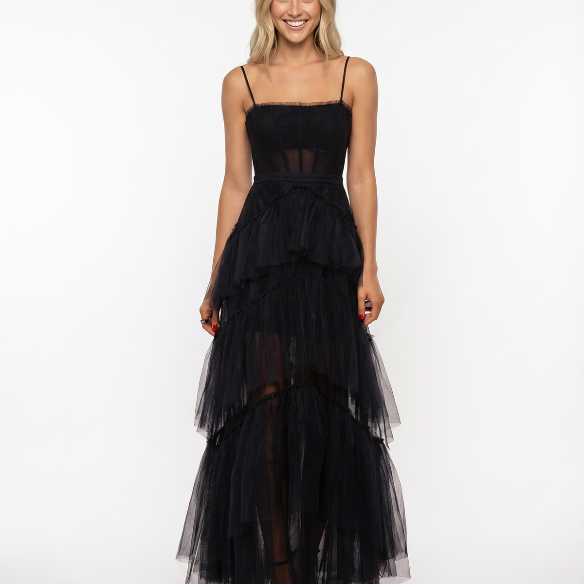 Nyx | Mesh Corset Gown with Tiered Skirt and Spaghetti Strap