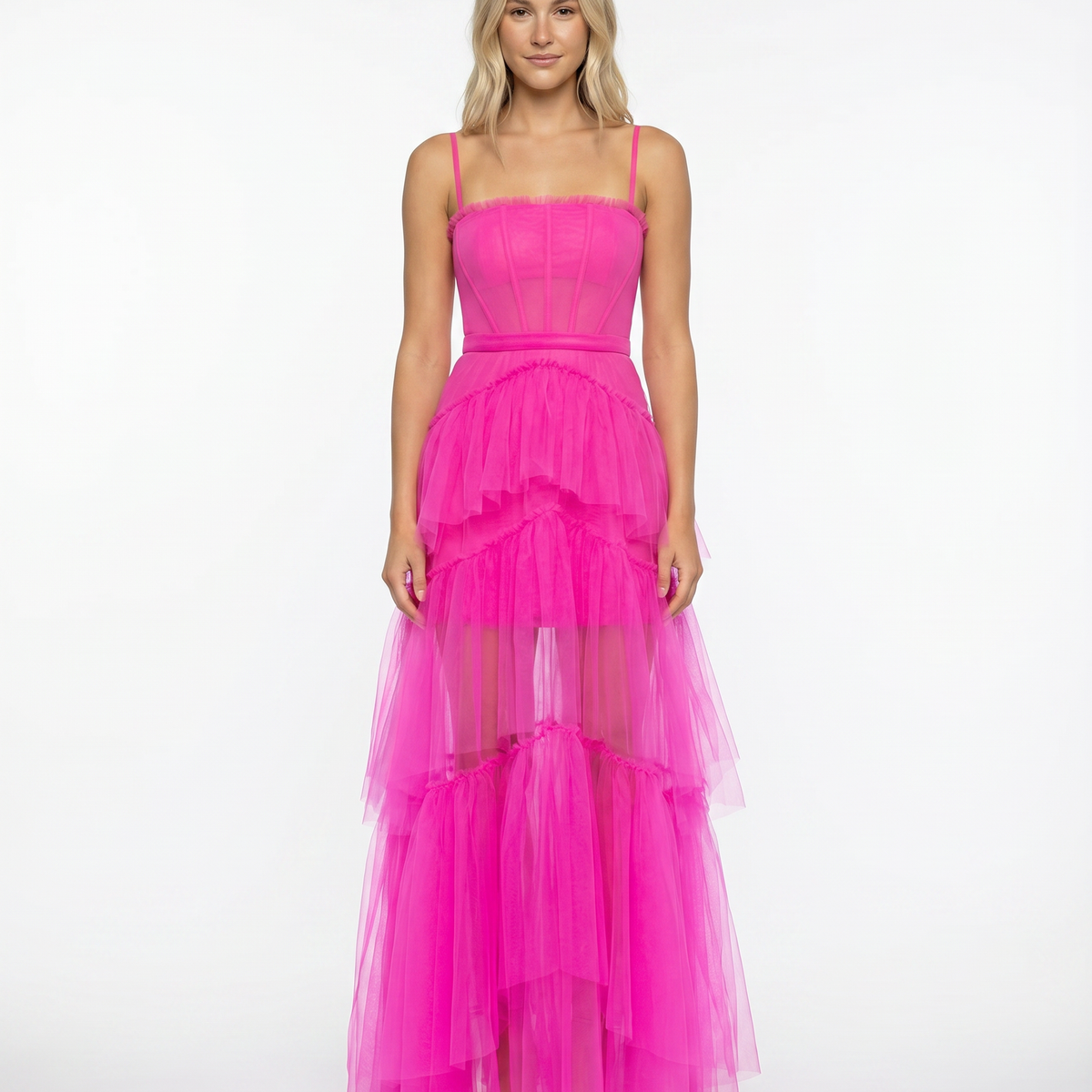 Nyx | Mesh Corset Gown with Tiered Skirt and Spaghetti Strap