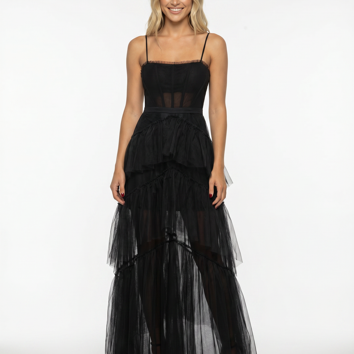 Nyx | Mesh Corset Gown with Tiered Skirt and Spaghetti Strap