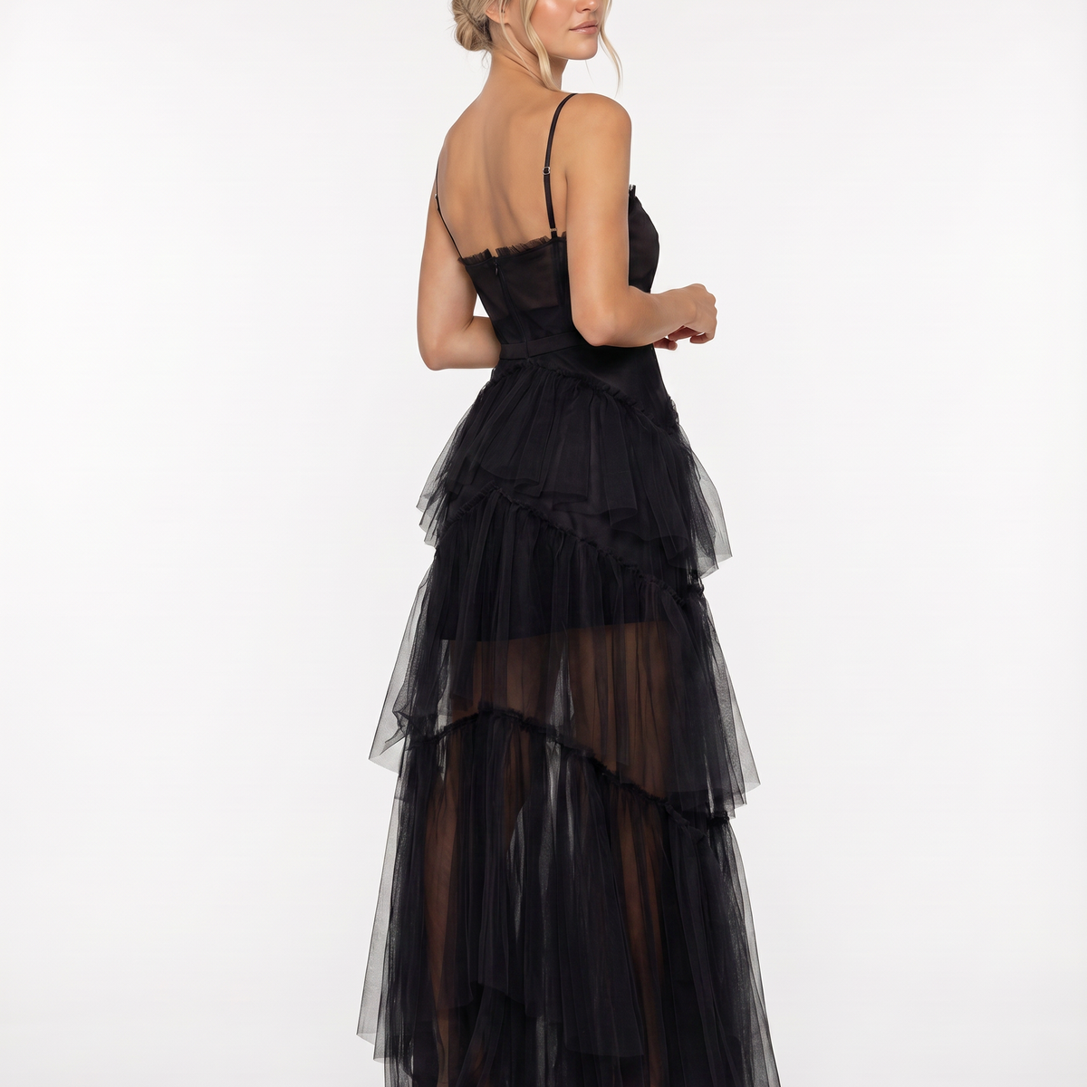 Nyx | Mesh Corset Gown with Tiered Skirt and Spaghetti Strap