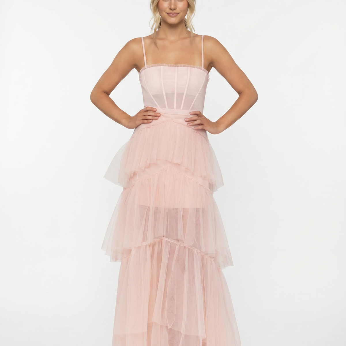 Nyx | Mesh Corset Gown with Tiered Skirt and Spaghetti Strap