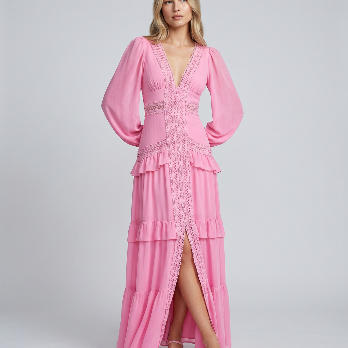 Lorie | Maxi Dress with Ruffle Skirt and Long Sheer Sleeves