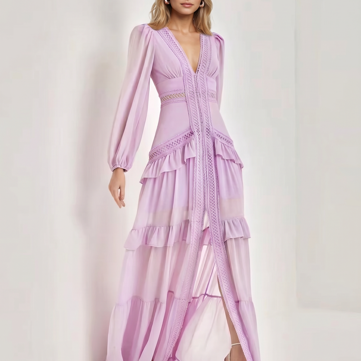 Lorie | Maxi Dress with Ruffle Skirt and Long Sheer Sleeves