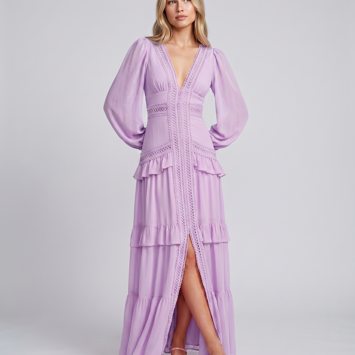 Lorie | Maxi Dress with Ruffle Skirt and Long Sheer Sleeves