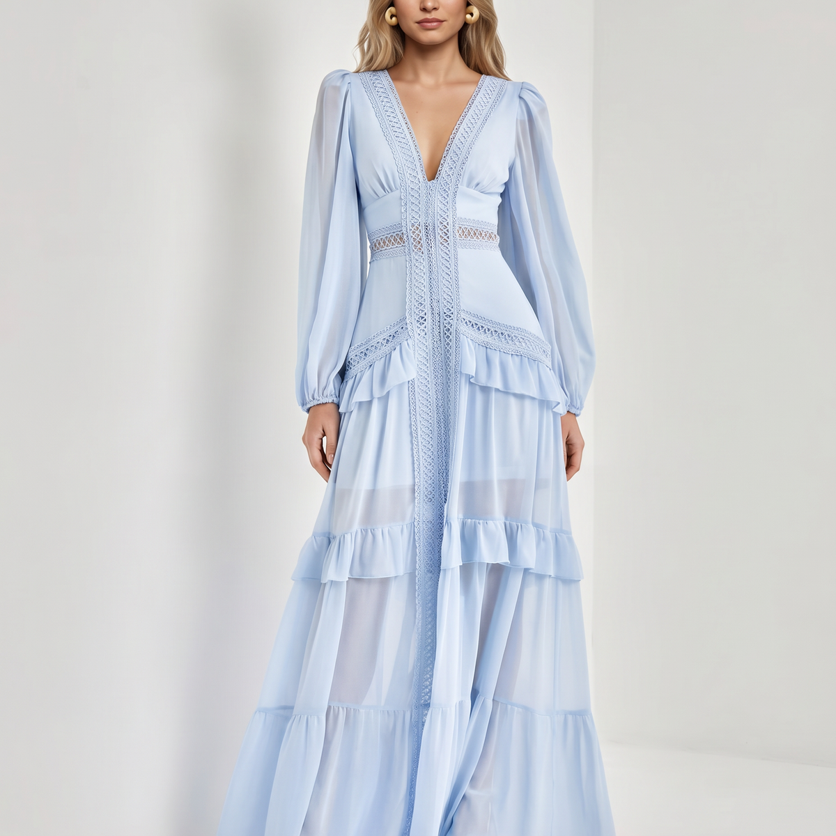 Lorie | Maxi Dress with Ruffle Skirt and Long Sheer Sleeves