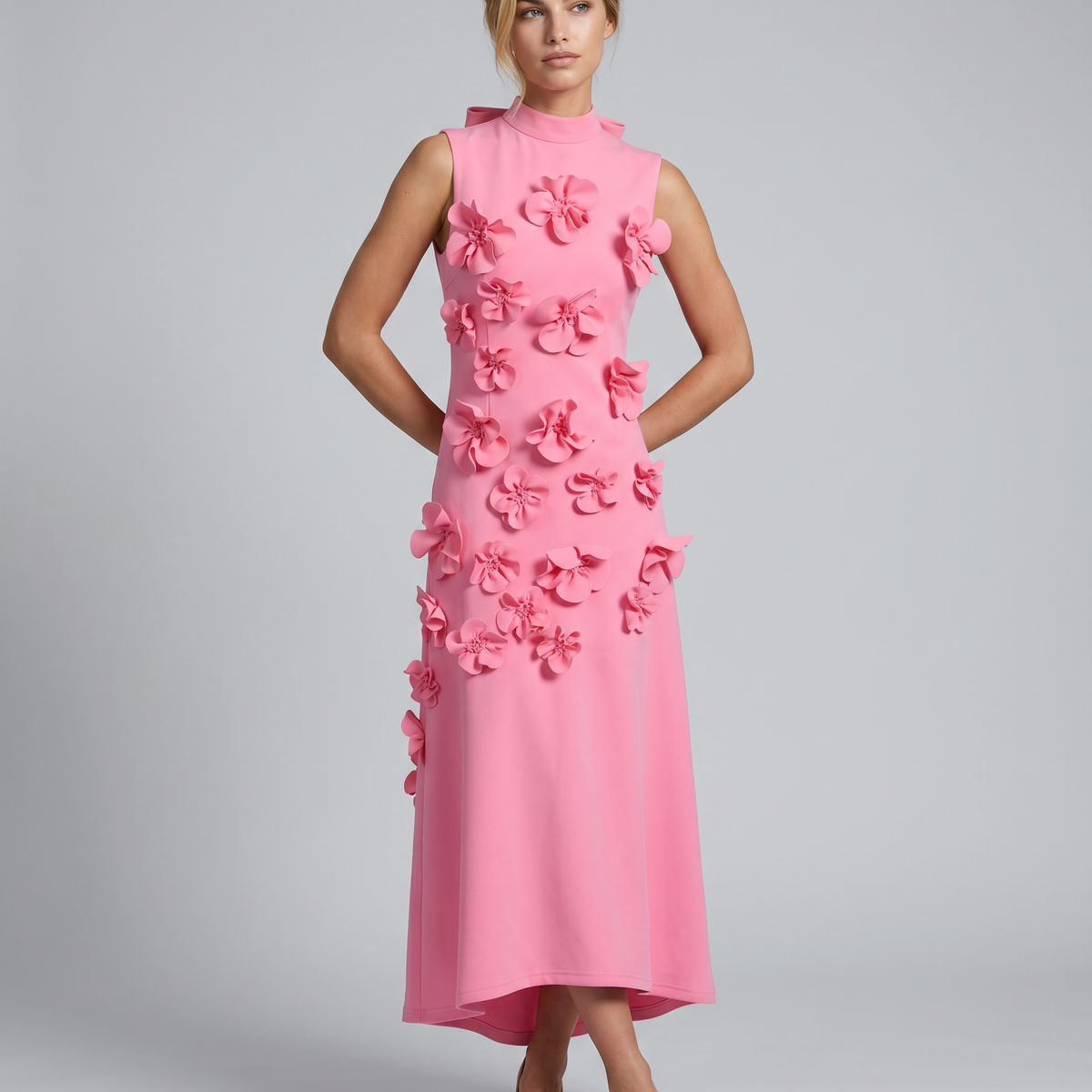 Shelia | Maxi Dress with Floral Appliqué and High Neck